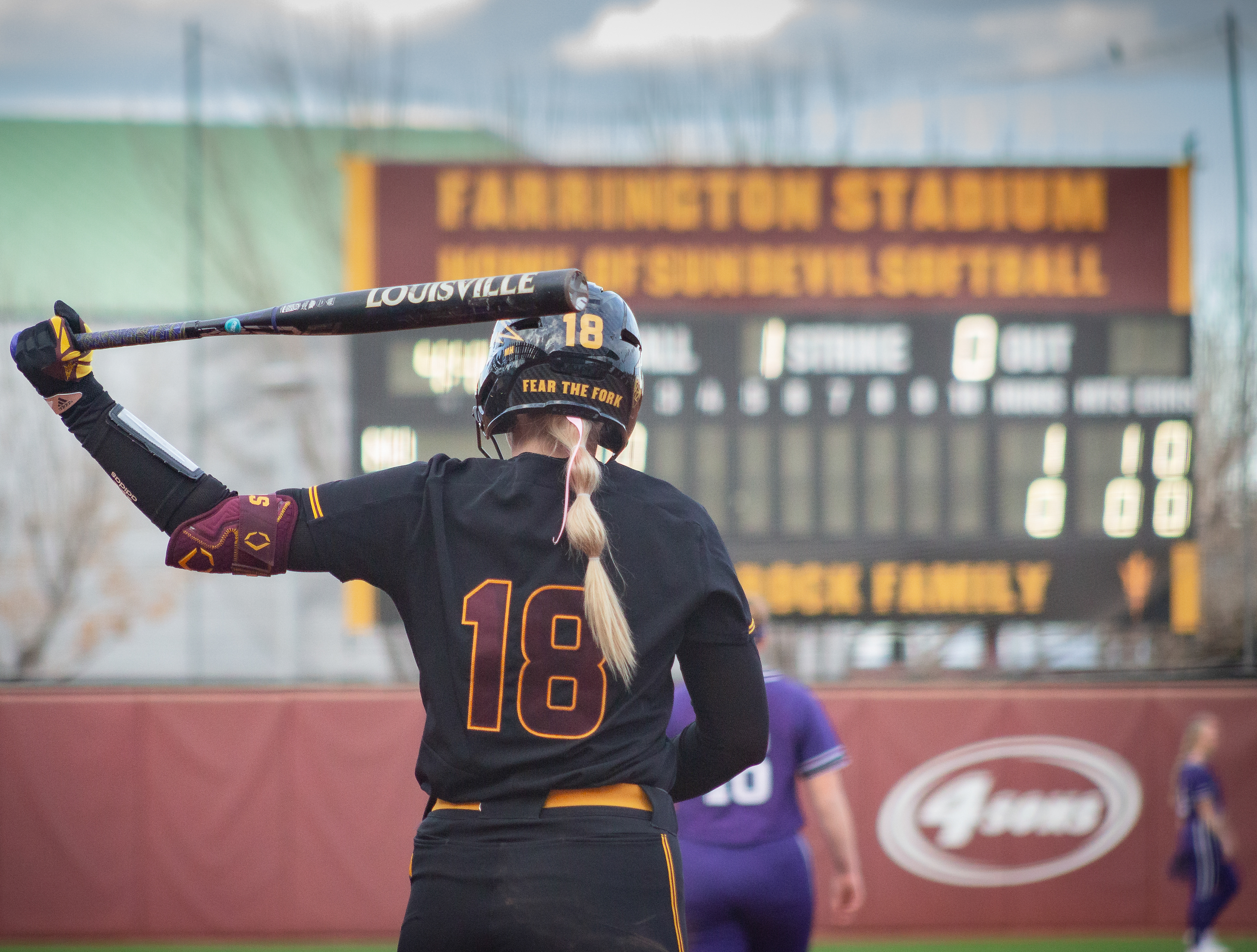  Sara Kinch, Arizona State University catcher,  warms up in the on deck circle before an at bat at Alberta B. Farrington Softball Stadium on Friday, February 9, 2024 in Tempe, Arizona.
