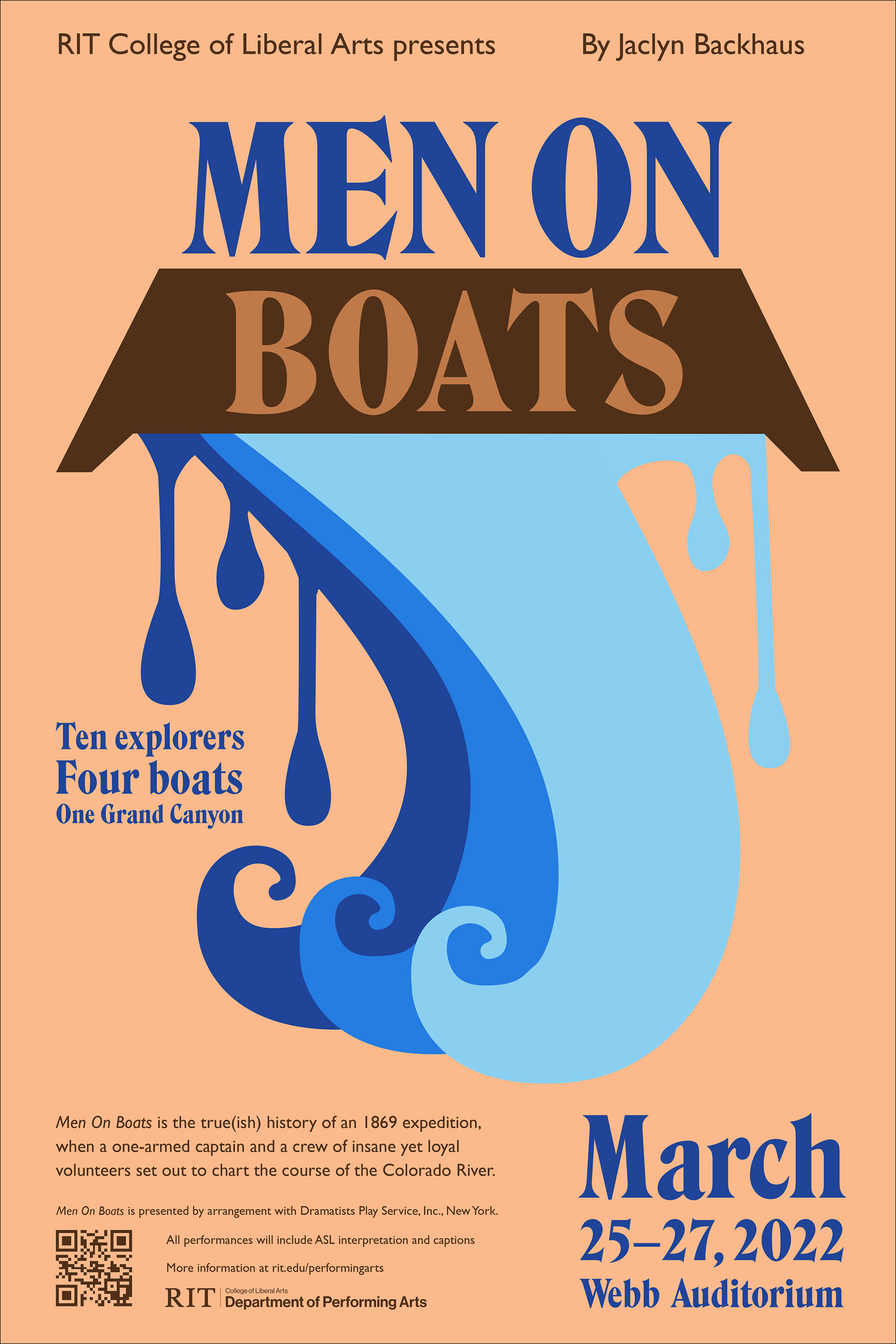This poster shows the chaos and adventure of Men on Boats. The upside-down boat is contrary to what you’d expect for a boat scene. It defies expectations just like the theme of the play. The boat represents the world being turned upside down. Boats in the play tip over, so there is foreshadowing in the poster that isn’t necessarily noticeable before watching it. I wanted to show that the play was different from other productions and challenge presumptions from the title.