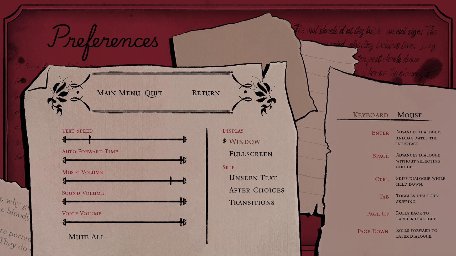 Preference Screen UI for the game Aching Maw