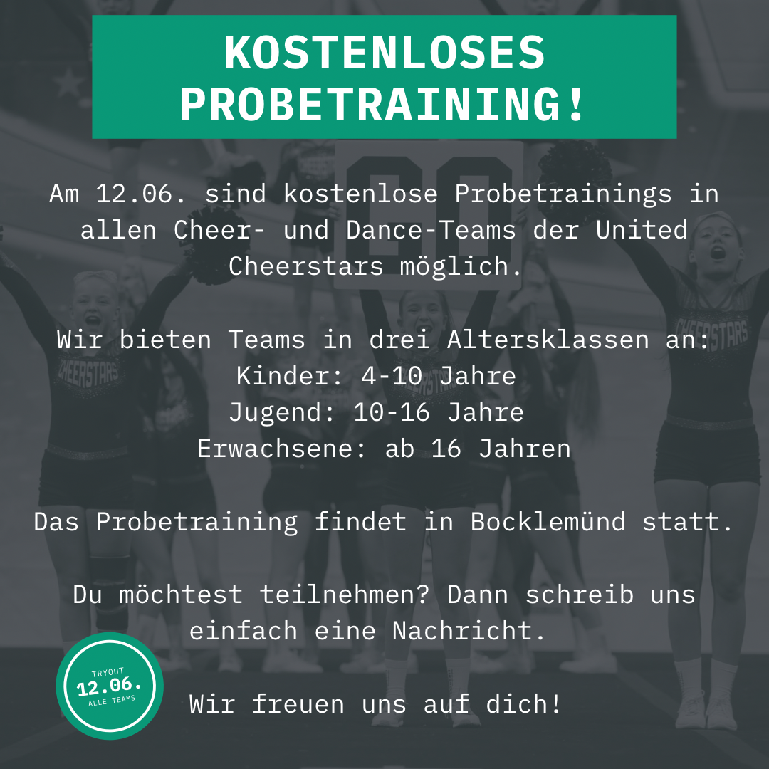 Aufruf zu kostenlosem Cheerleading Probetraining in Köln
