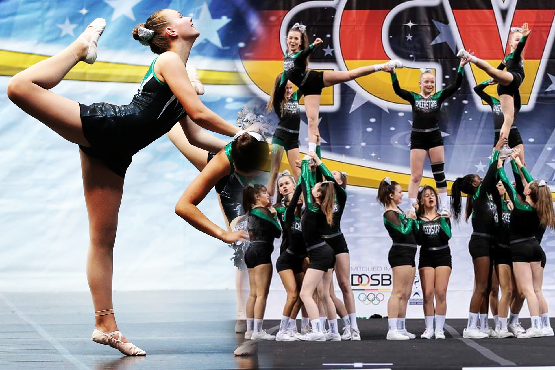 United Cheerstars Shine und Infinity: Foto von jugendlichen Cheerleadern aus Köln, die auf einer Meisterschaft akrobatische Elemente zeigen.