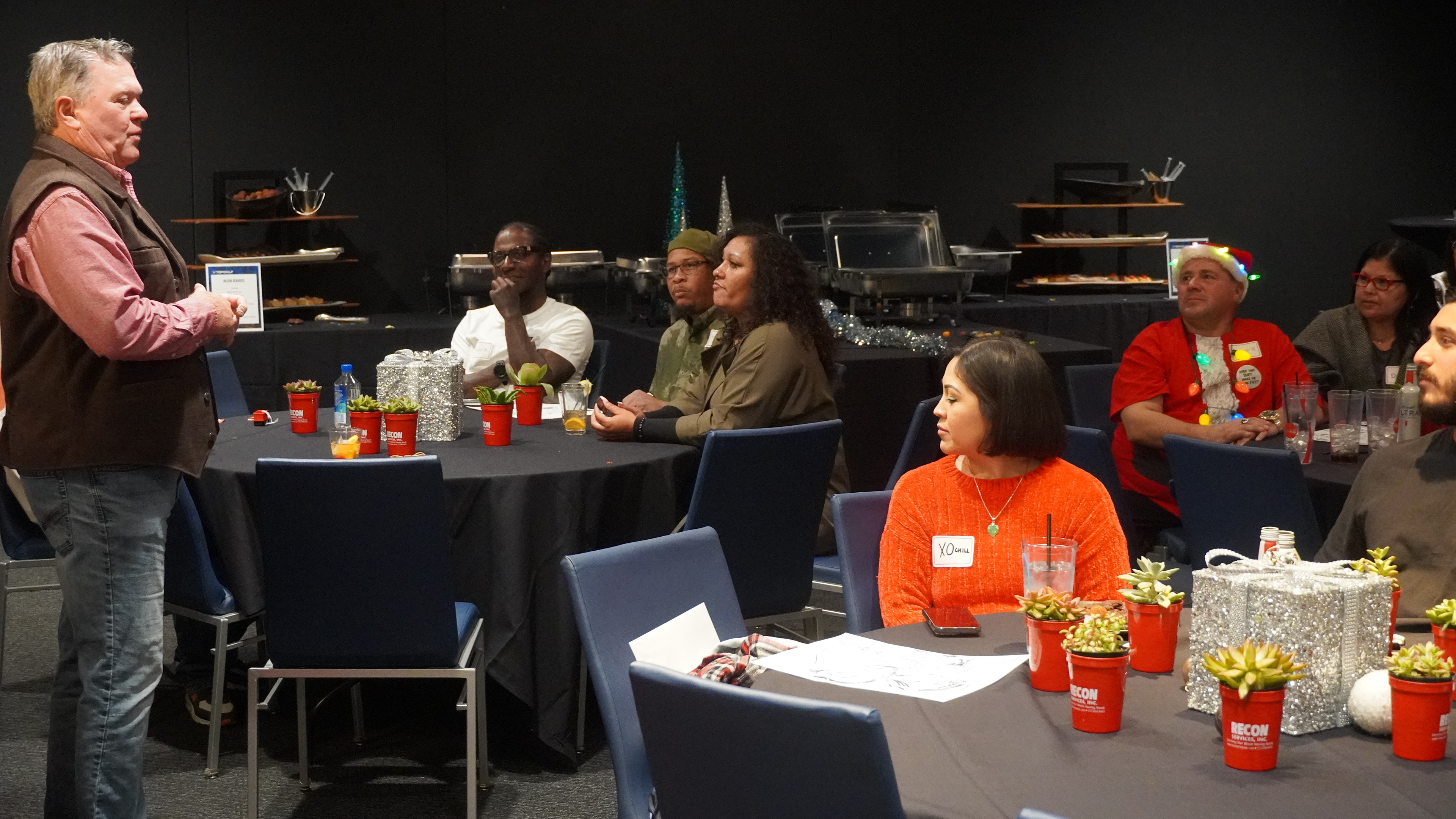 Delivering speech at the company Christmas party. 