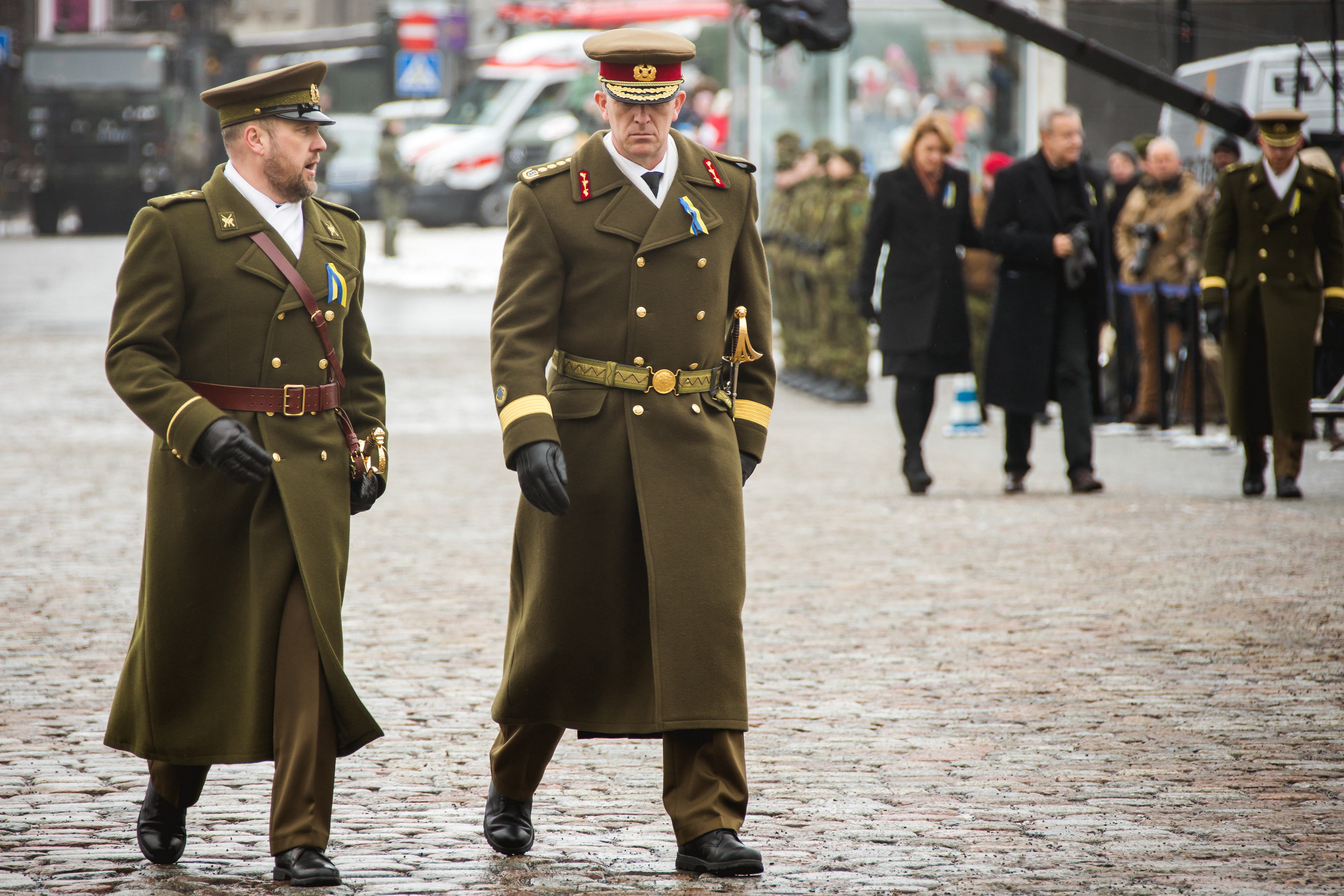 24.02.2023, Tallinn, EST. Command Sergeant Major of the Estonian Defence Forces sergeant major Enn Adoson (left) and General Martin Herem, Commander of the Estonian Defence Forces (right) arriving to Estonia's 105 years of independence parade. Photo: Martin Pedaja/ © Kaitsevägi. Photo: Martin Pedaja/ © Kaitsevägi