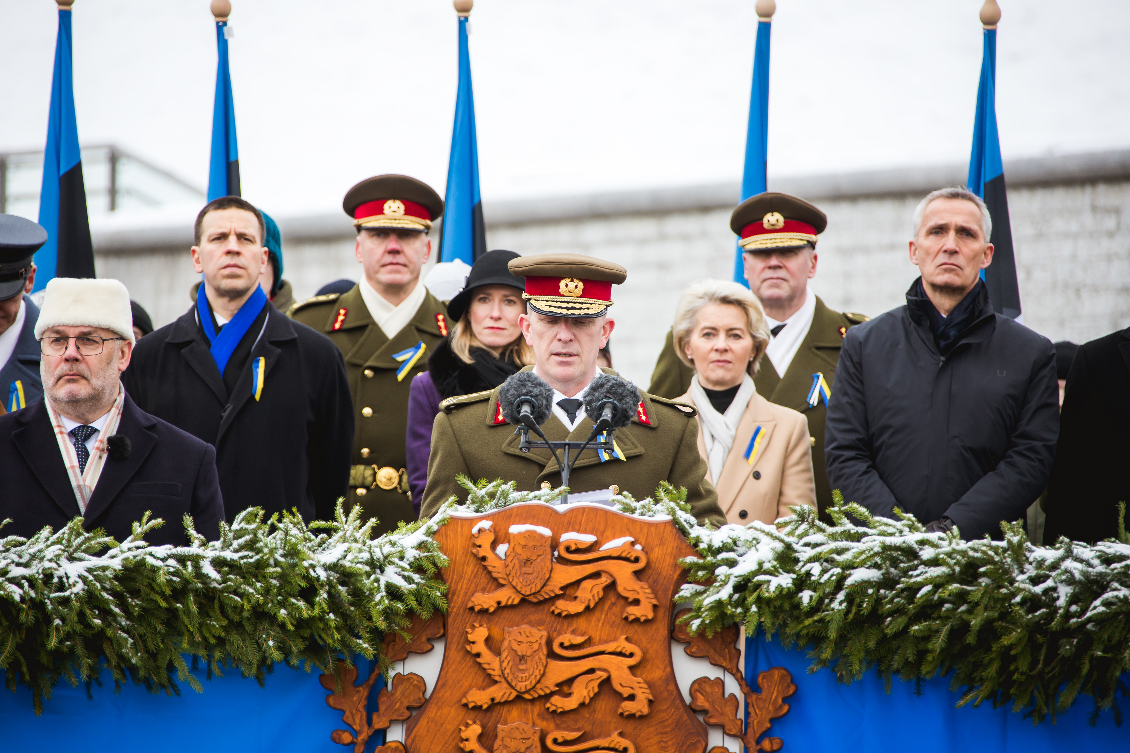 24.02.2023, Tallinn, EST. General Martin Herem (middle), Commander of the Estonian Defence Forces, giving a speech during a parade commemorating Estonia's 105 years of independence. In the background (from the left): President of Estonia, Alar Karis; Jüri Ratas, President of the Riigikogu; Major general Veiko-Vello Palm, head of ESTDIV; Kaja Kallas, Prime minister of Estonia; Ursula von der Leyen, President of the European Commission; Major general Riho Ühtegi, head of the Defence League; Jens Stoltenberg, Secretary General of NATO. Photo: Martin Pedaja/ © Kaitsevägi