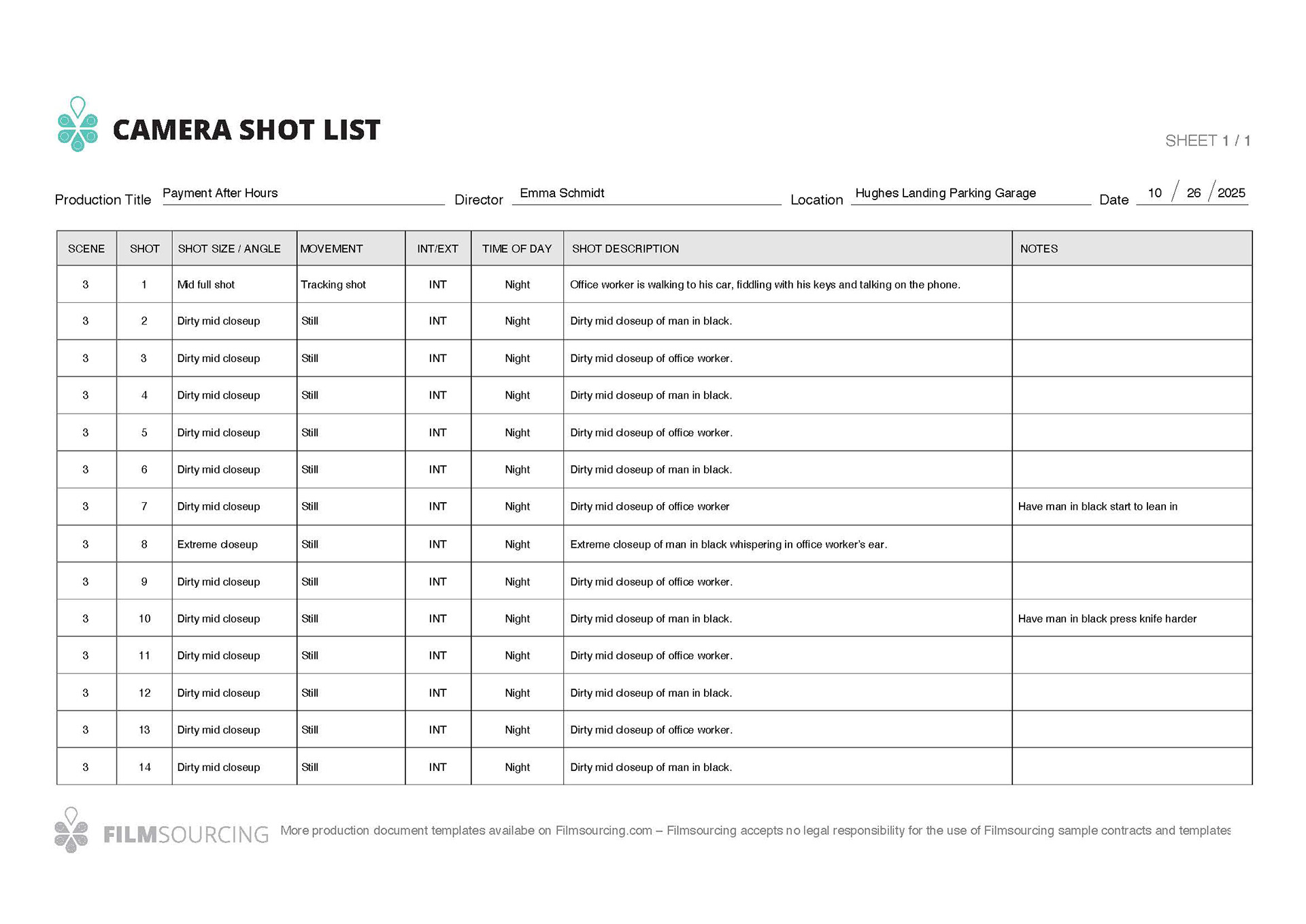 Shot list, page 1