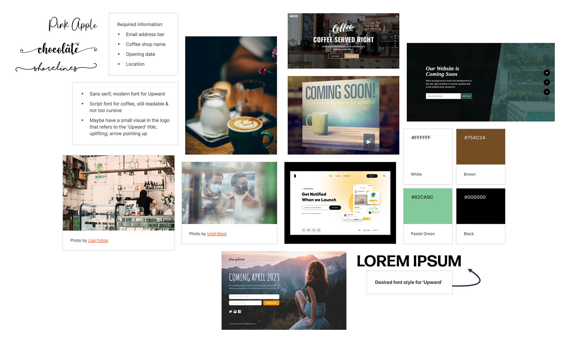 "Upward Coffee" coming soon page moodboard