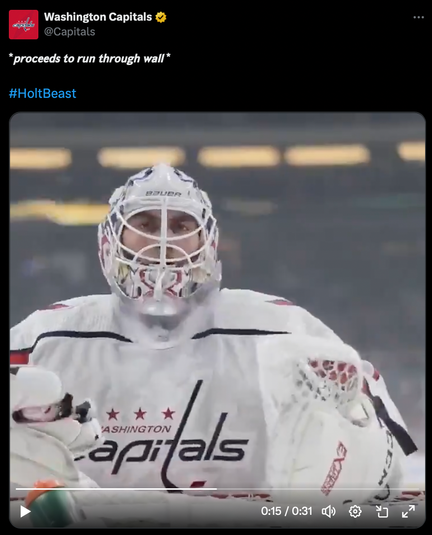 Screenshot of a Washington Capitals tweet. The tweet contains a video of Braden Holtby getting mentally locked in before a game.