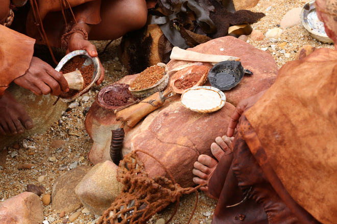 Our ancestors used bone and stone tools to grind ochre, charcoal and other elements in abalone shells to manufacture pigment and paint. @Craig Foster