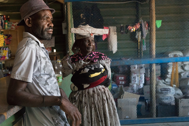 Herero farmer and wife in the general store after a community meeting in Purros Conservancy.