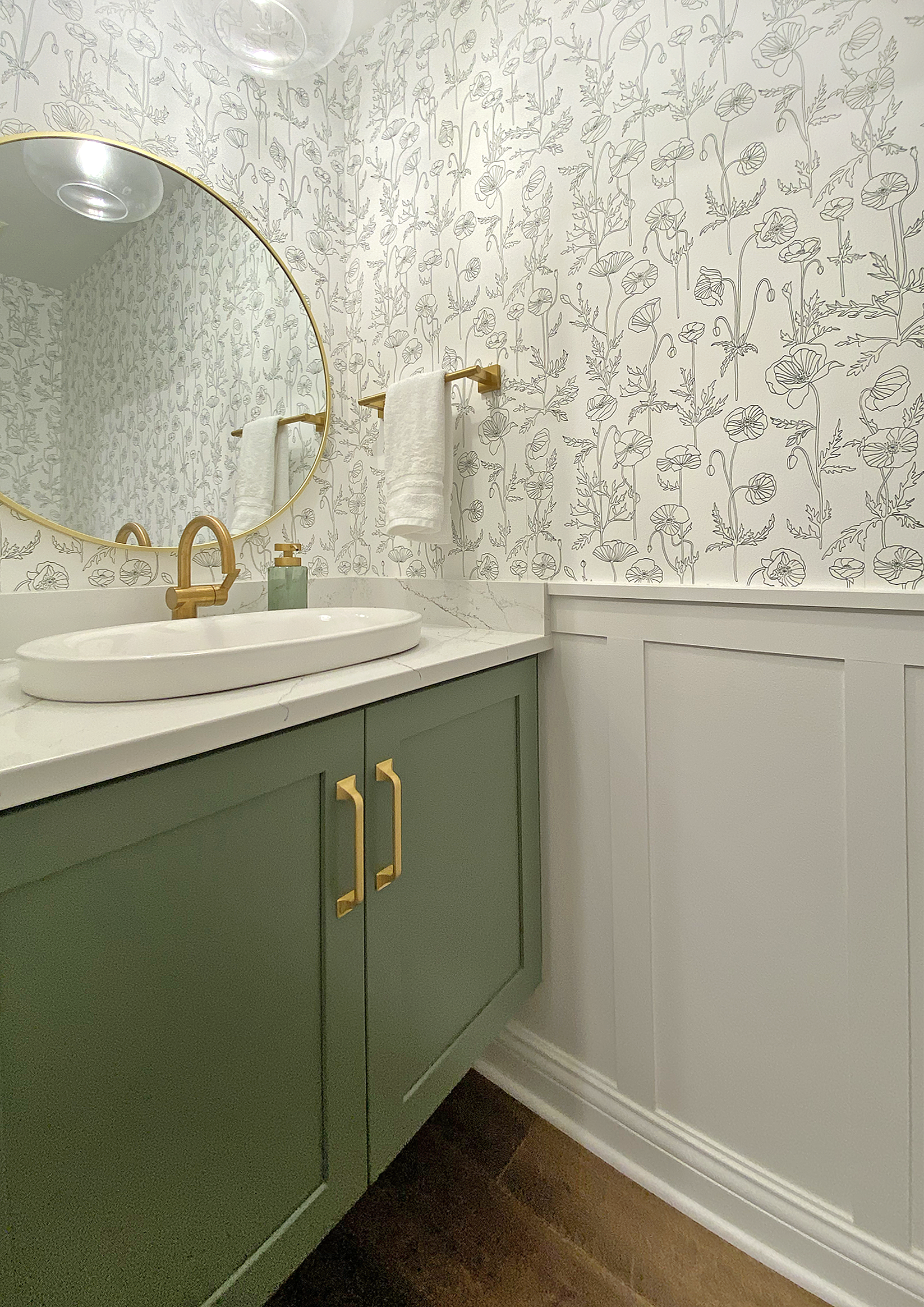 Powder Room Wainscoting with Fresh Floral Wallpaper