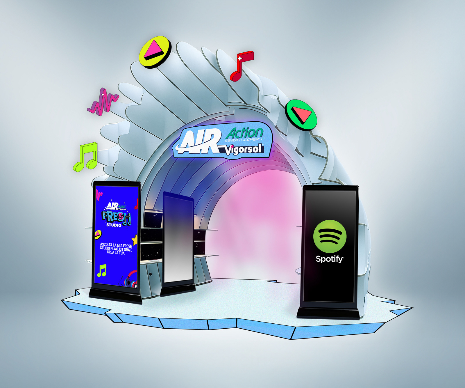 Client: VIGORSOL & SPOTIFY Agency: HOBO | Designed an interactive co-marketing booth where Vigorsol’s refreshing products met Spotify’s coolest playlists. Visitors experienced a multisensory journey, combining the freshness of gum with curated music, creating a memorable and engaging brand connection.