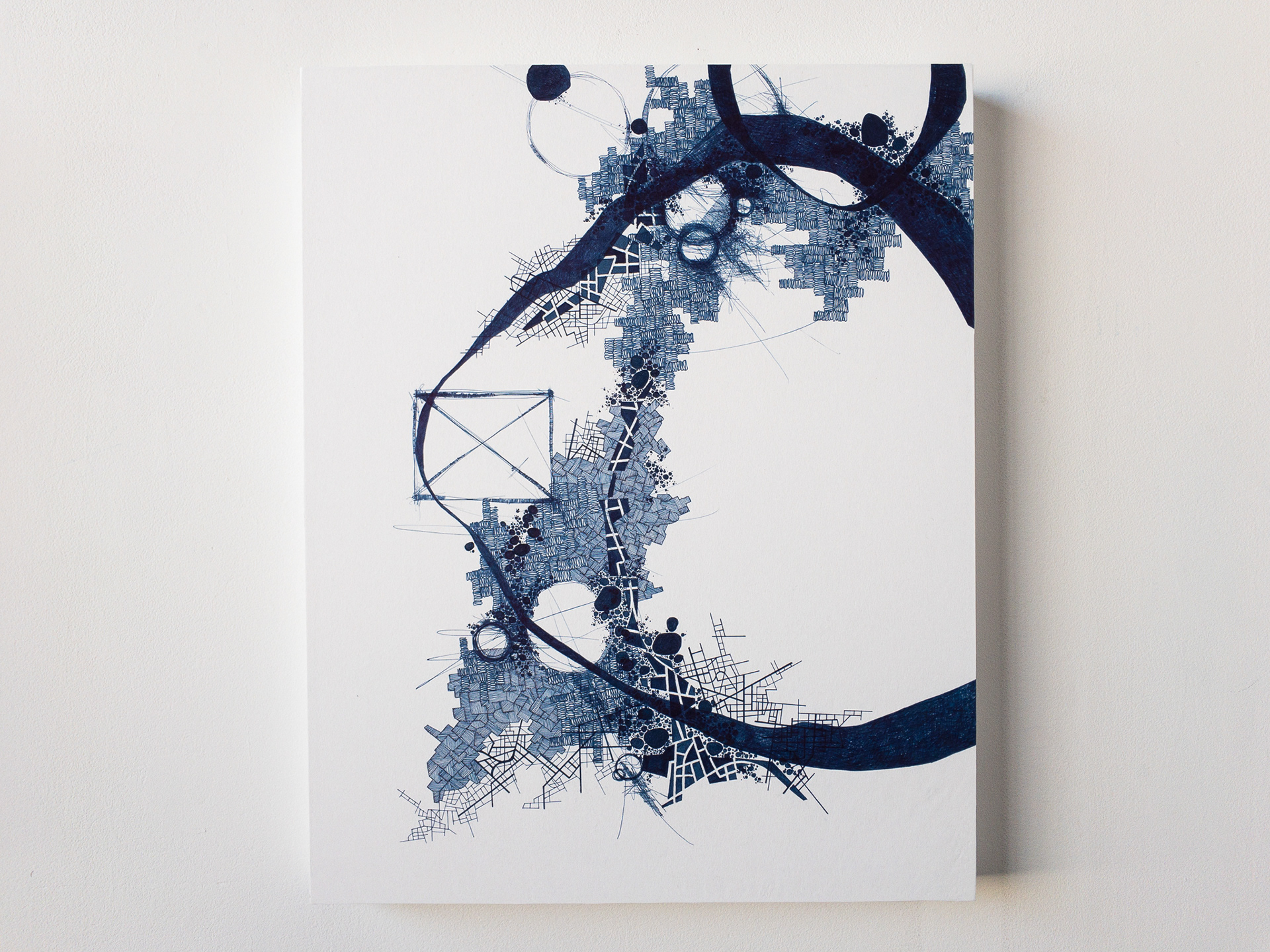 Derek Lerner, Asvirus 90, 2017 Ink on paper on wood panel 20 x 16 x 1 5/8 inches (50.8 x 40.64 x 4 cm)