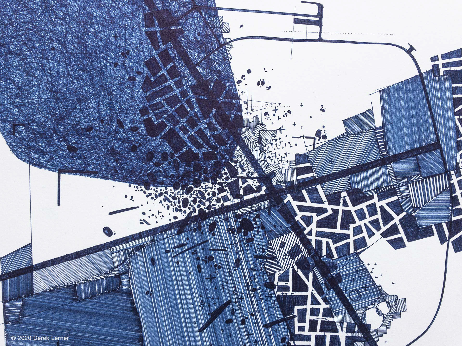 Detail of Asvirus 120 by Derek Lerner 2020 Ink on paper 20" x 13" (51cm x 33cm)