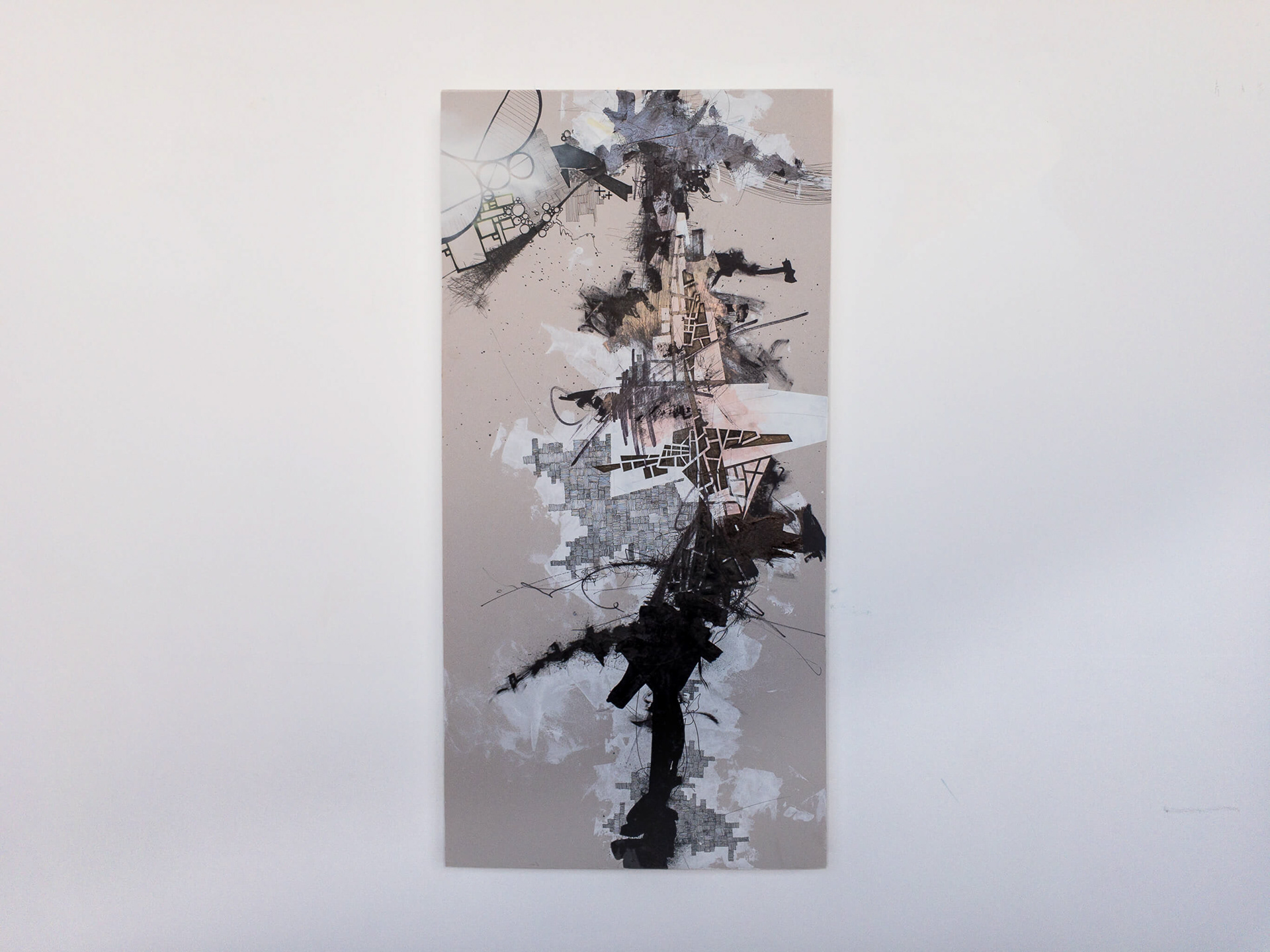 Derek Lerner, Asvirus 1, 2010 Ink, enamel, and gesso on paper mounted to panel 48" x 23.5" x 3.5"