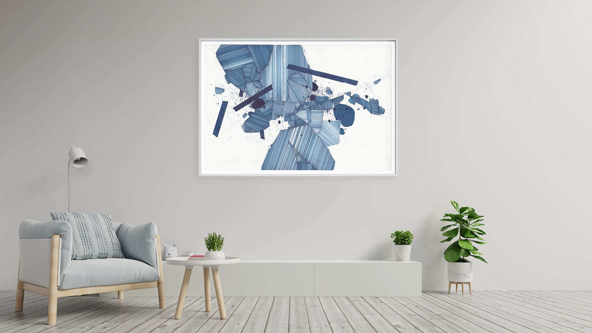 Asvirus 148 drawing by Derek Lerner shown in room, 2024 Ink on paper, 30” x 44” (76.2cm x 111.76cm)