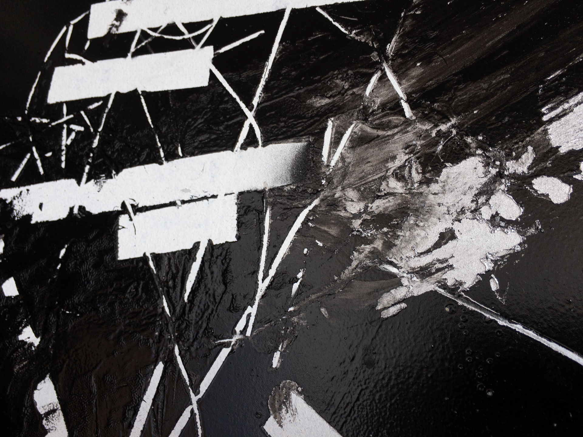 Detail of 2019073001 by Derek Lerner, 2019 enamel, etching ink & gesso on wood panel 24" x 20" x 1.5" (60.96cm x 50.8cm x 3.81cm)