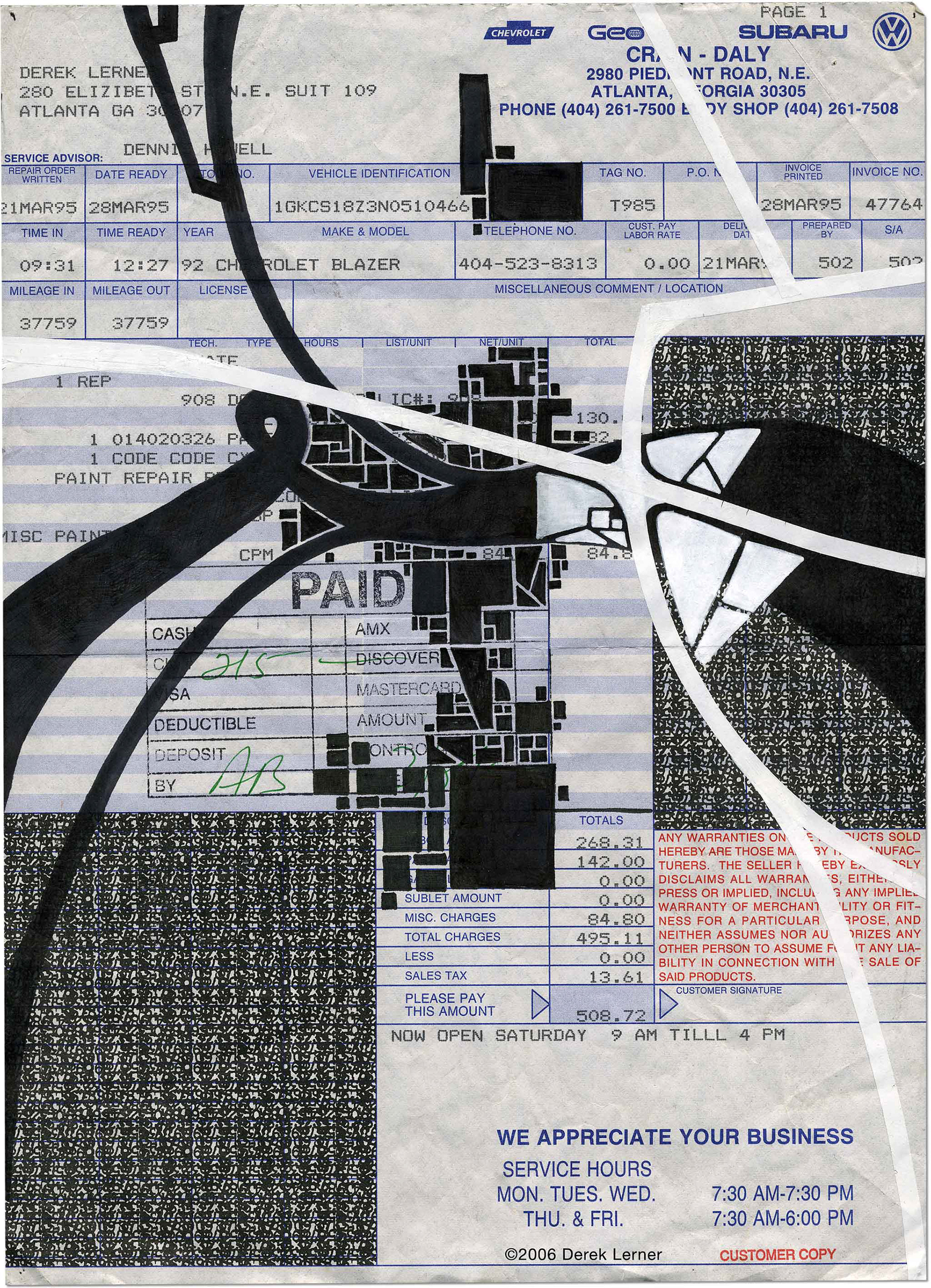 Document 23, Derek Lerner 2006 ink and correction tape on found paper 11” x 8” (27.94cm x 20.32cm)