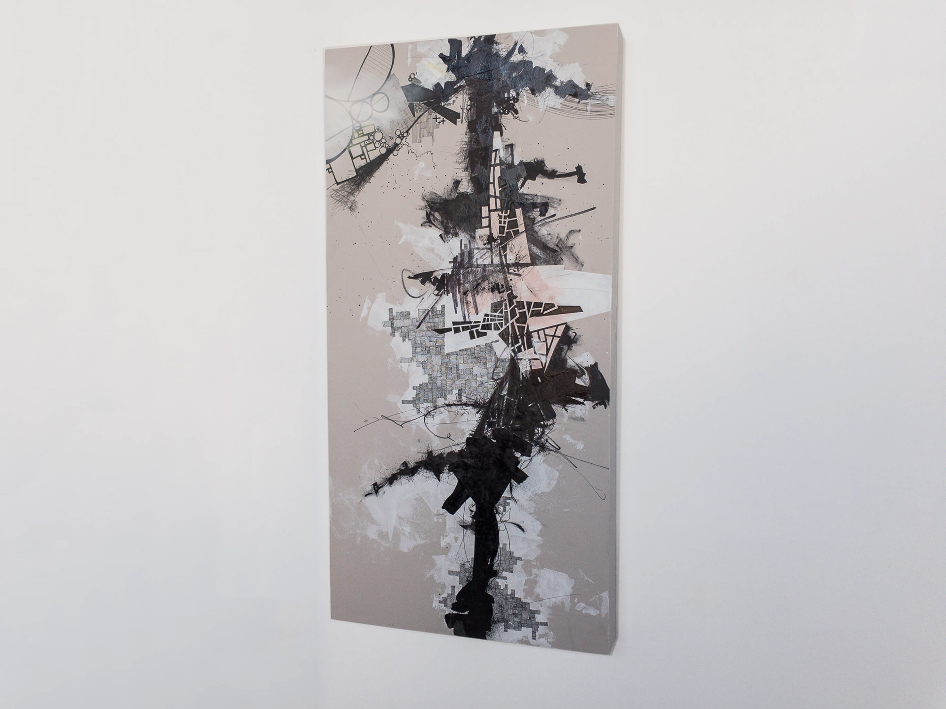 Derek Lerner, Asvirus 1, 2010 Ink, enamel, and gesso on paper mounted to panel 48" x 23.5" x 3.5