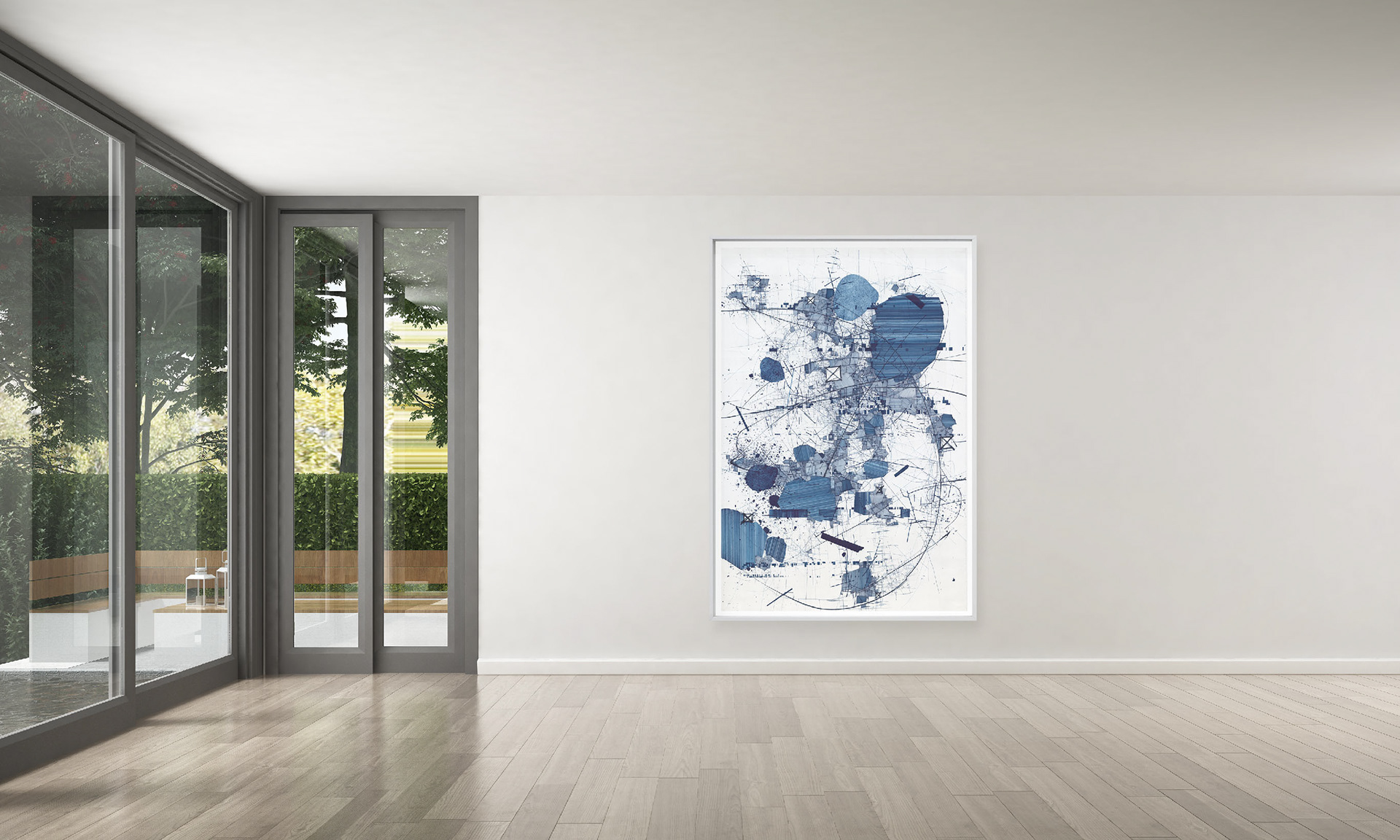 "Asvirus 147" by Derek Lerner shown in a room, 2022 Ink on paper 63" x 42" ( 160cm x 107cm)