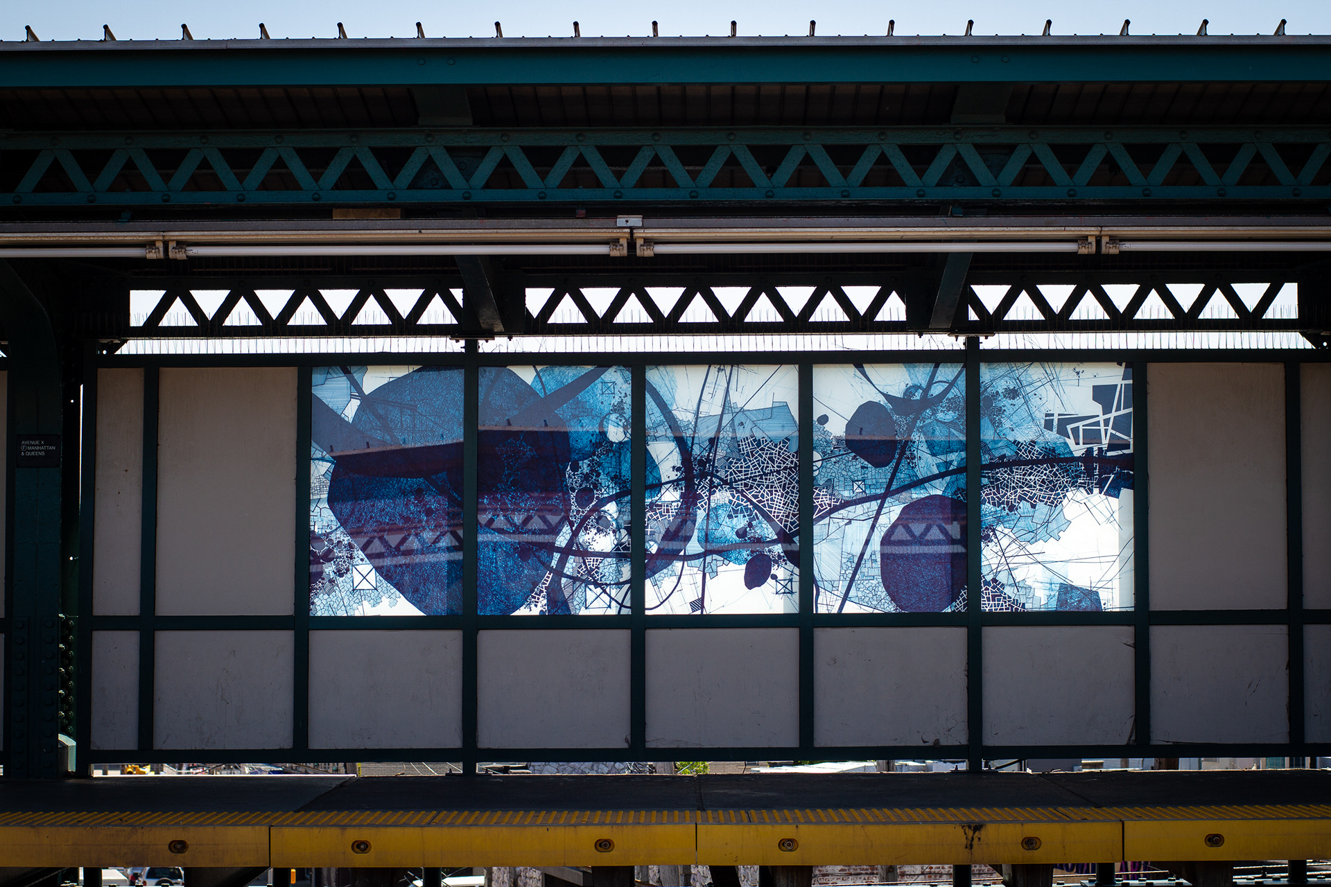 Derek Lerner, AVEX6(station), 2016 MTA Arts & Design commission - Avenue X Station in Brooklyn NY - F train, IND Culver Line - Six of six 48" x 156" compositions (5 panels ea.) - Fabricated 0.875" depth laminated tempered glass