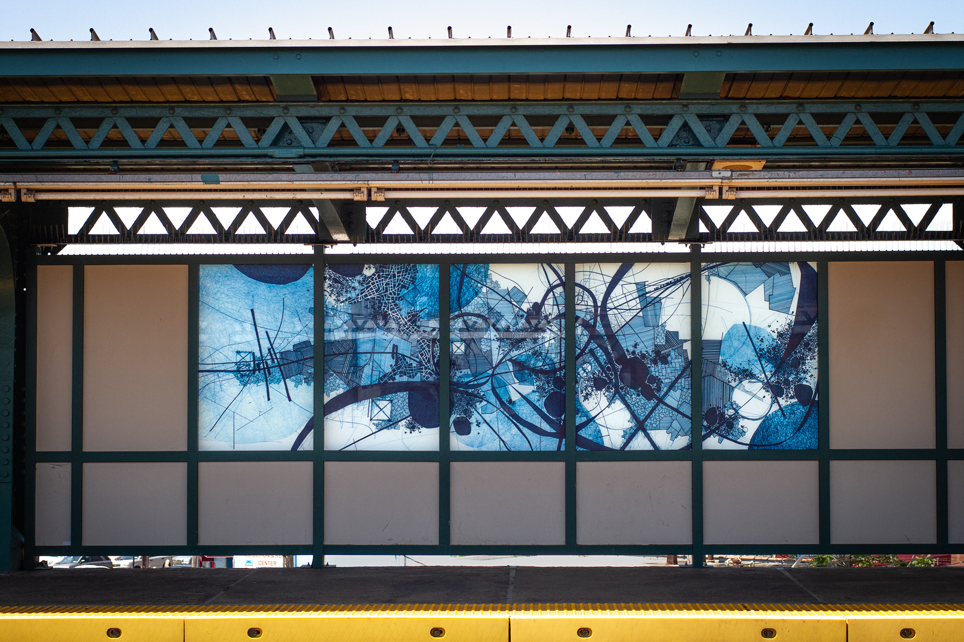 Derek Lerner, AVEX1(station), 2016 MTA Arts & Design commission - Avenue X Station in Brooklyn NY - F train, IND Culver Line - One of six 48" x 156" compositions (5 panels ea.) - Fabricated 0.875" depth laminated tempered glass