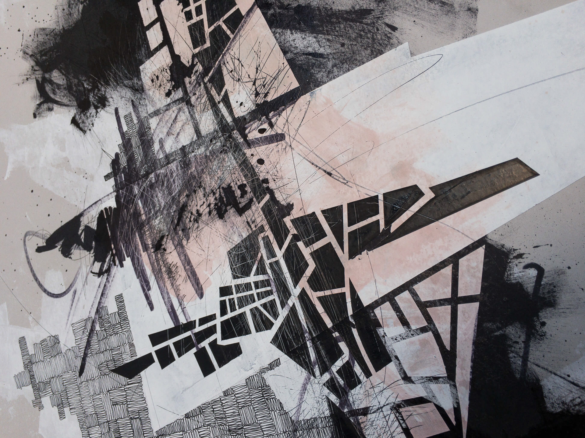 Derek Lerner, Detail of Asvirus 1, 2010 Ink, enamel, and gesso on paper mounted to panel 48" x 23.5" x 3.5"