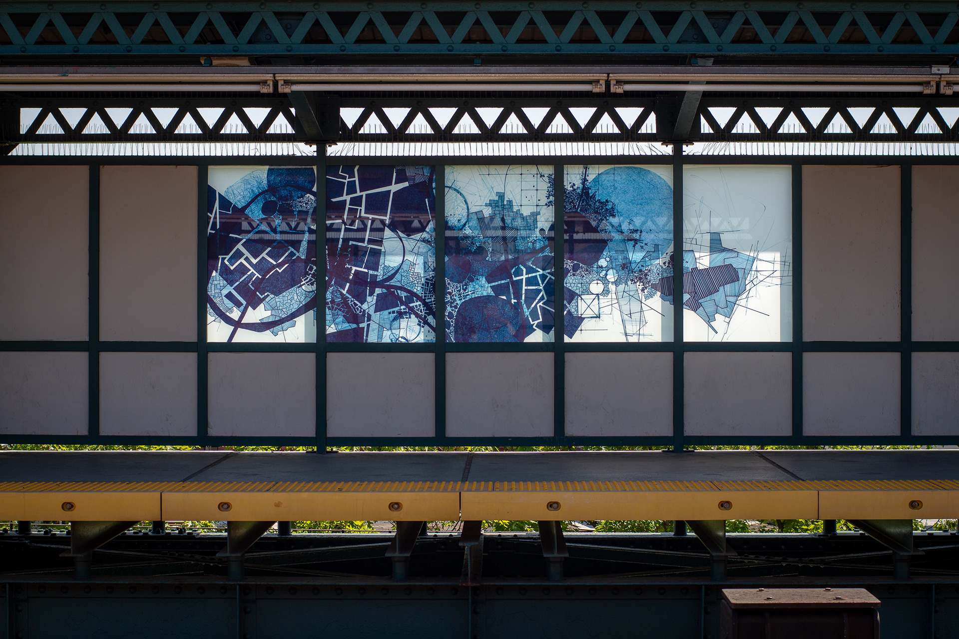 Derek Lerner, AVEX5(station), 2017 MTA Arts & Design commission - Avenue X Station in Brooklyn NY - F train, IND Culver Line - Five of six 48" x 156" compositions (5 panels ea.) - Fabricated 0.875" depth laminated tempered glass