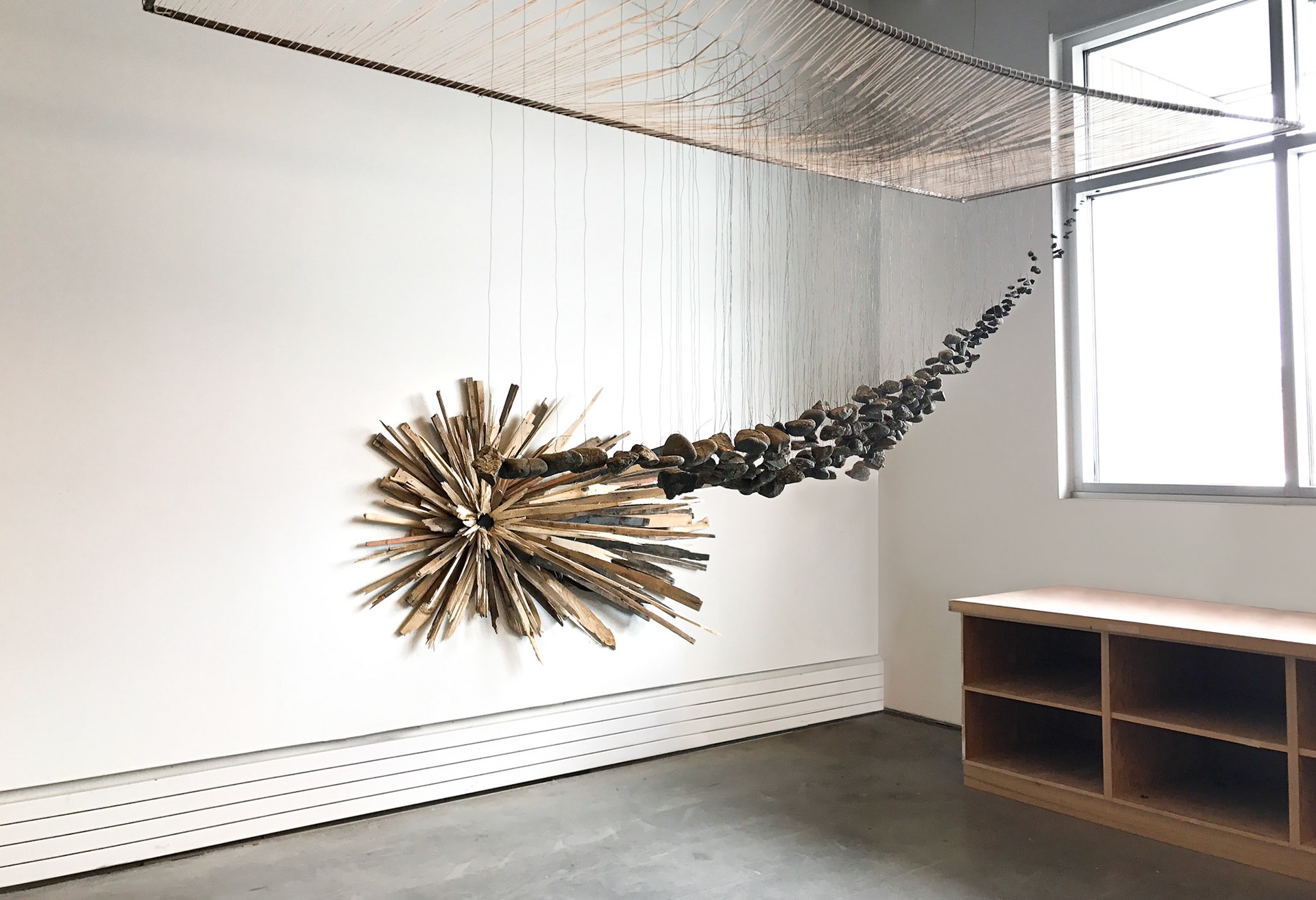 Flight, 9x5x6 feet, Steel Frame, Cotton String, Stones, Steel Wire, Instillation Shot, 2017