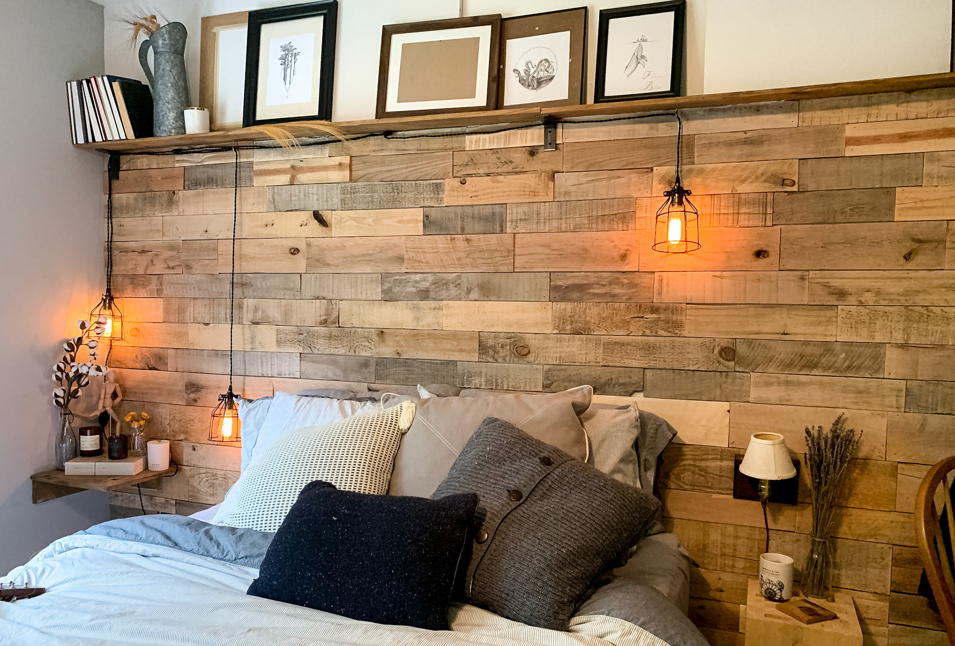 The Reclaim New England Collection: Custom reclaimed New England pallet wood wall, shelf, and side table, 2019 Cascade, 12x12x20 inches, Local Reclaimed Pallet Wood, Brad Nails, Staged Shot, 2016
