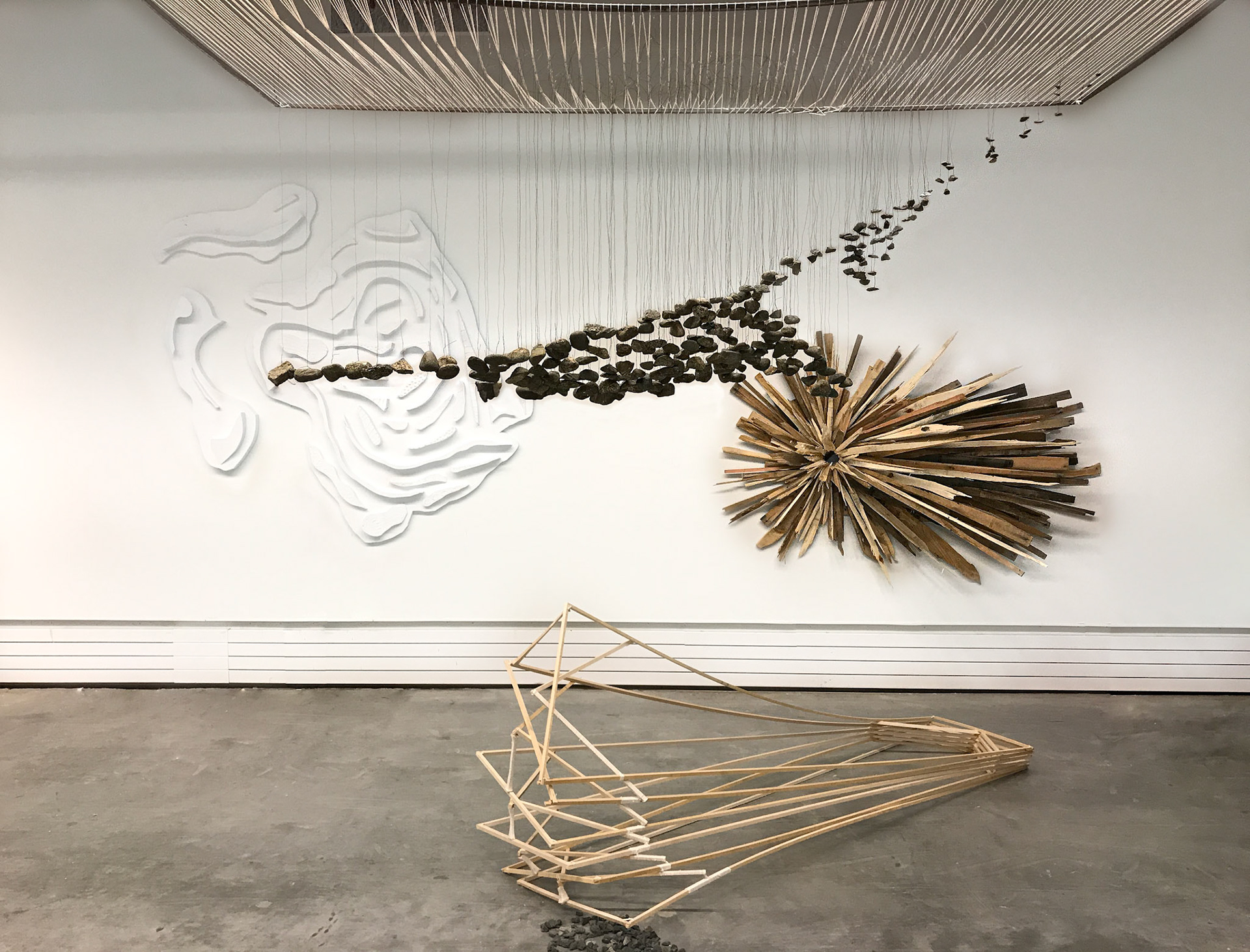 Flight, 9x5x6 feet, Steel Frame, Cotton String, Stones, Steel Wire, Instillation Shot, 2017
