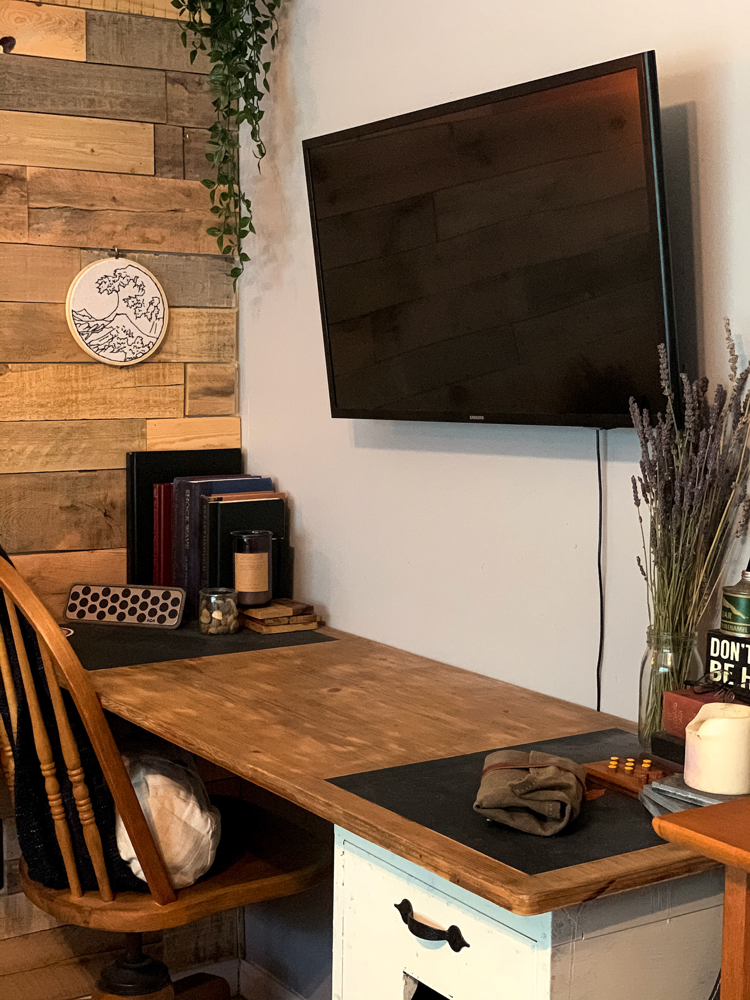 The Reclaim New England Collection: Custom reclaimed New England pallet wood wall and recycled oak chalkboard desk, 2019