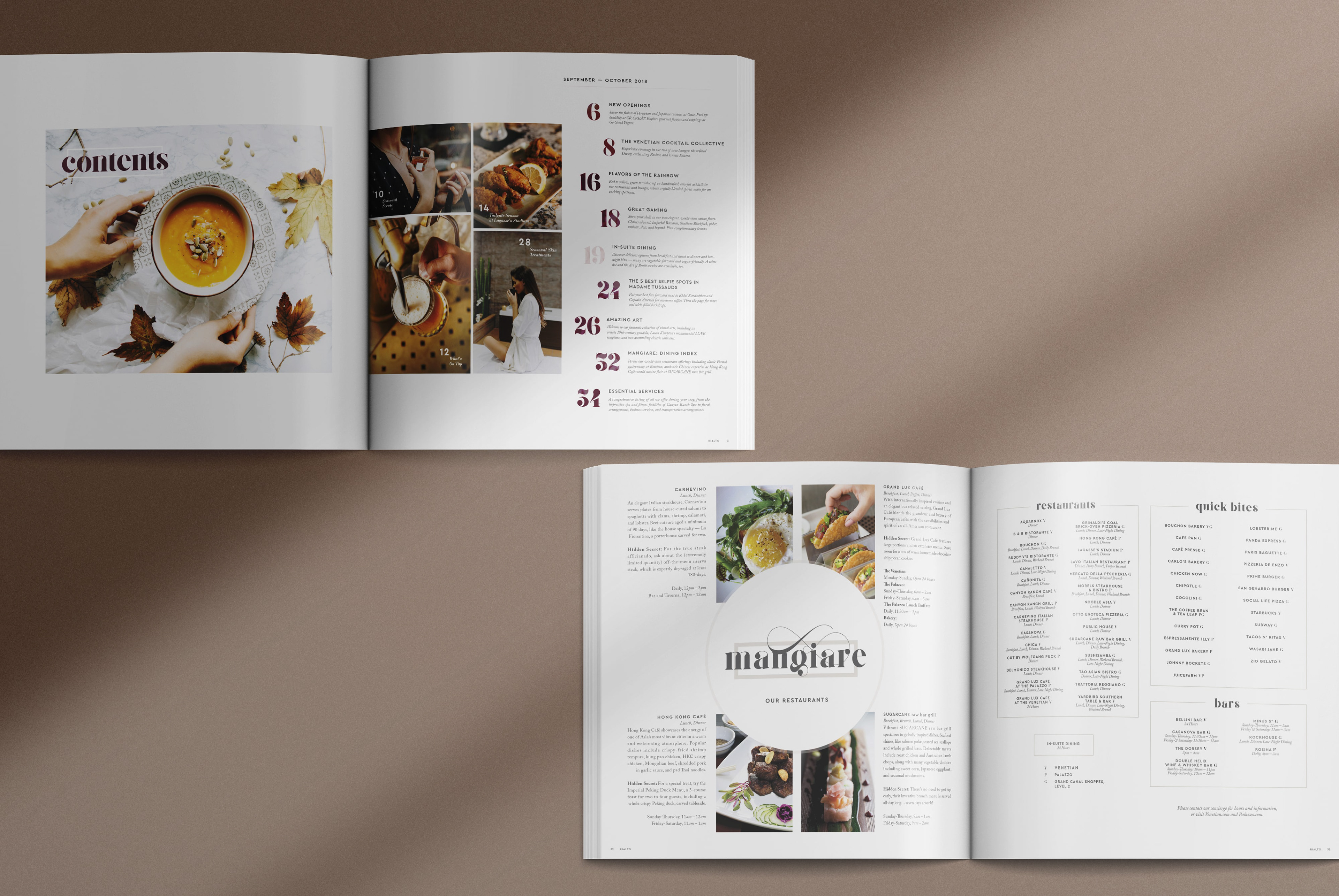 Rialto magazine contents and restaurant list spread