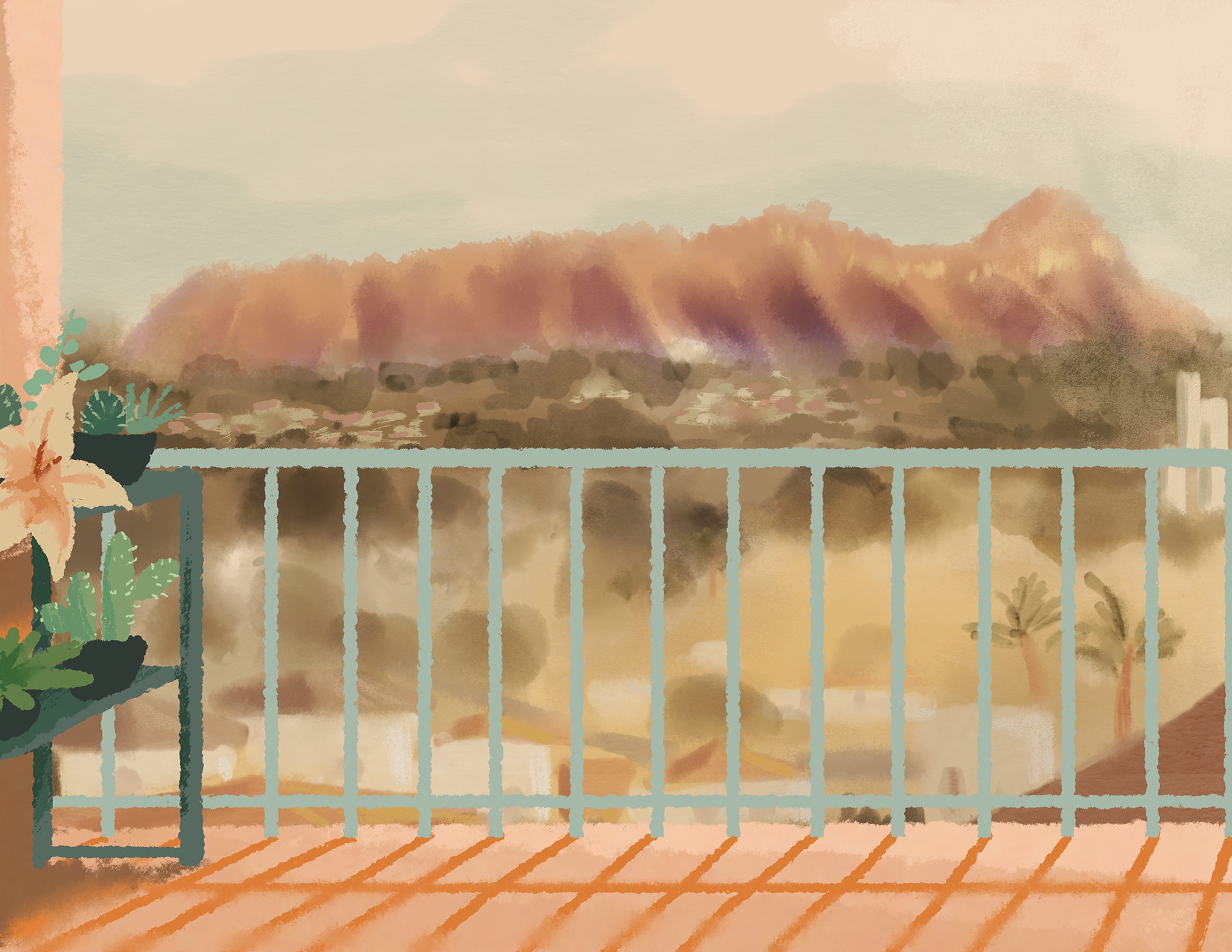 Environment concept for "Monster Dust" depicting an apartment view of Honolulu.