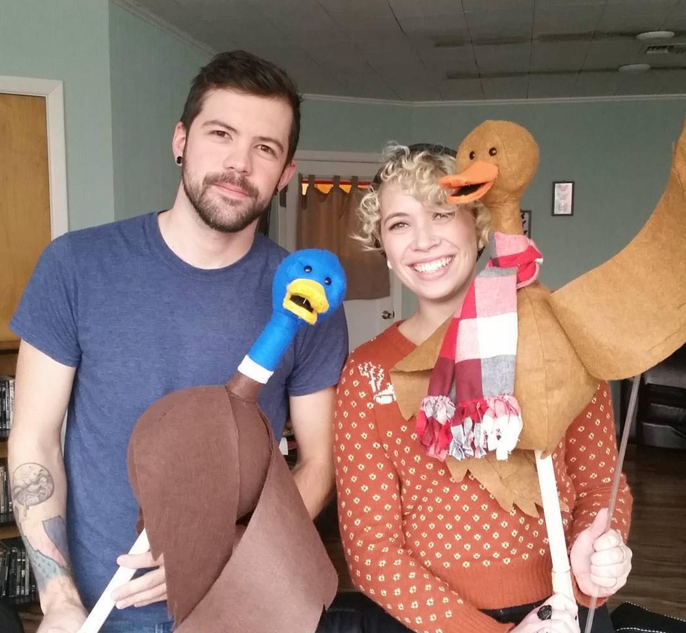 The first Bill and Webb Duck puppets, voiced and pupeteered by Matt Gaydos and Megan Toenyes