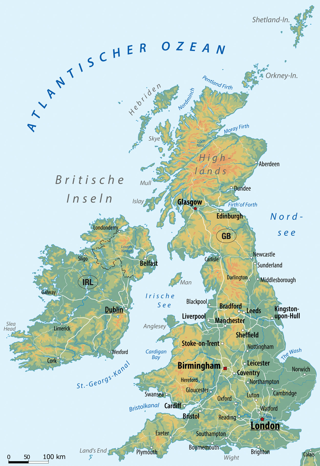 Übersichtskarte Großbritannien mit Höhenschichten