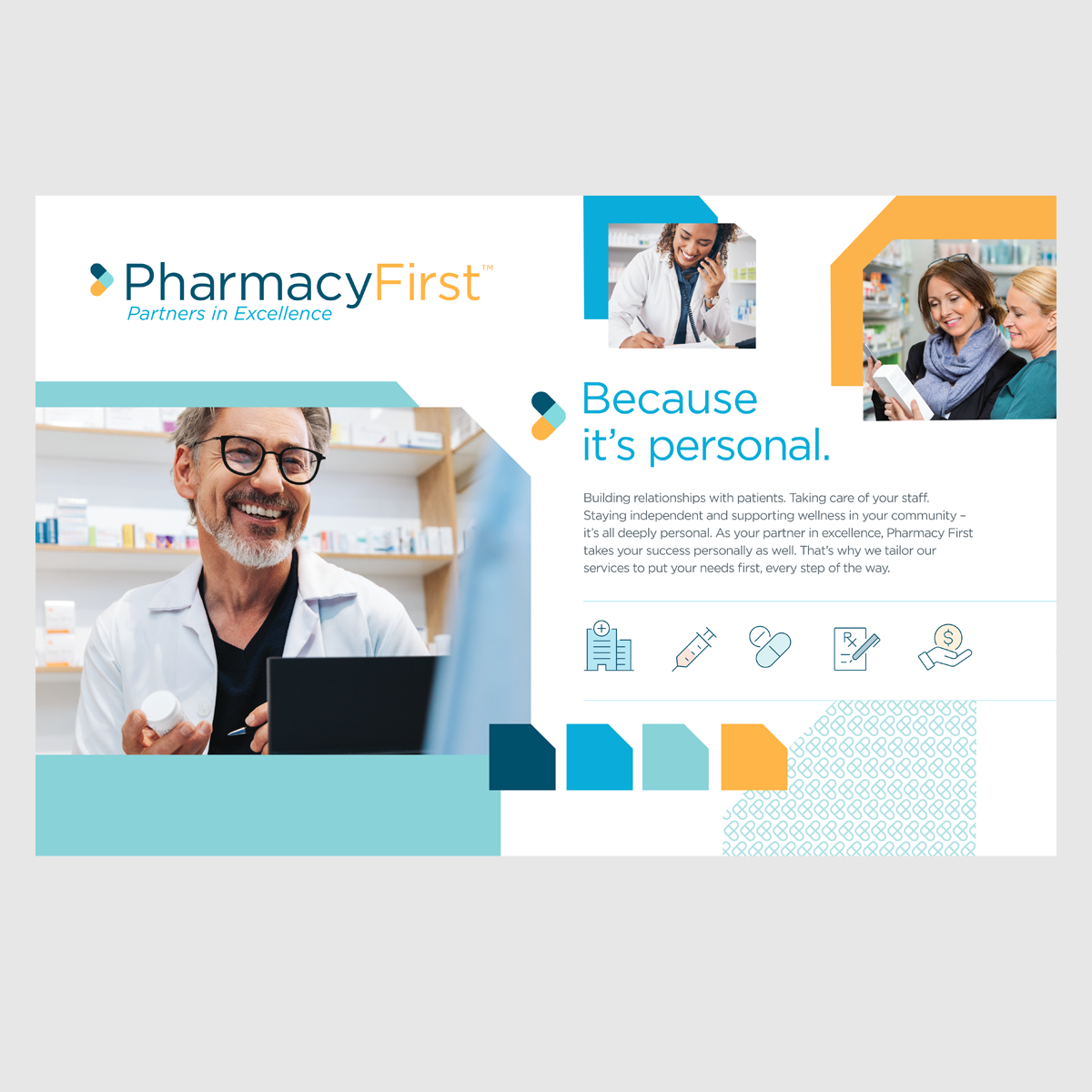 Collaborated with the design manager to develop the look and feel for the Pharmacy First brand, which is encapsulated in this mood board.