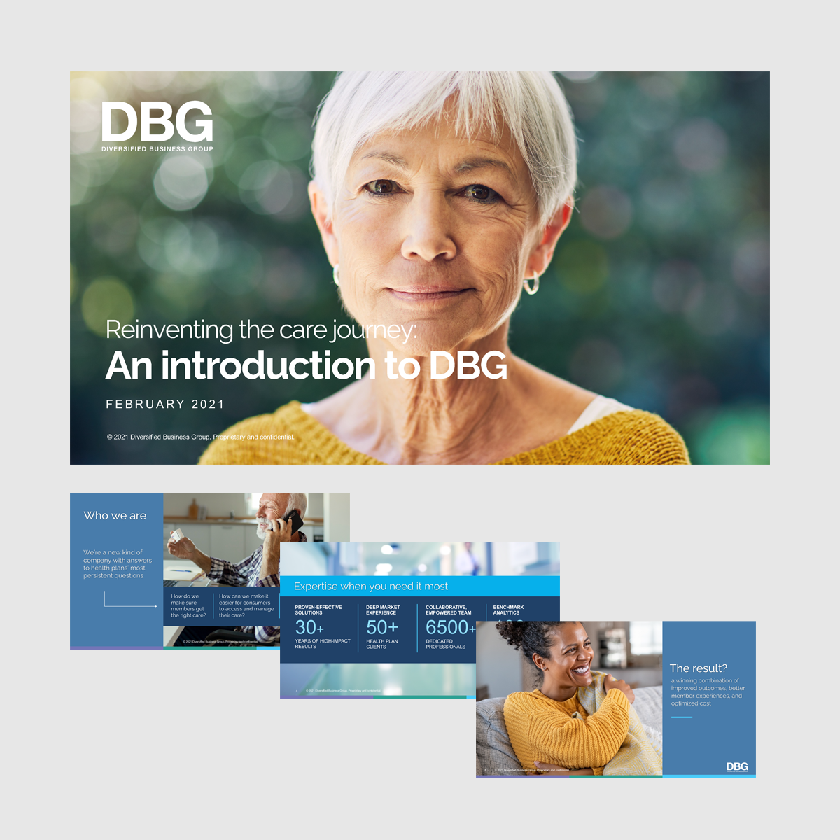 Design of DBG interim branding overview presentation. Layout of slides, picking photography, creating subtle animation on the deck in Powerpoint