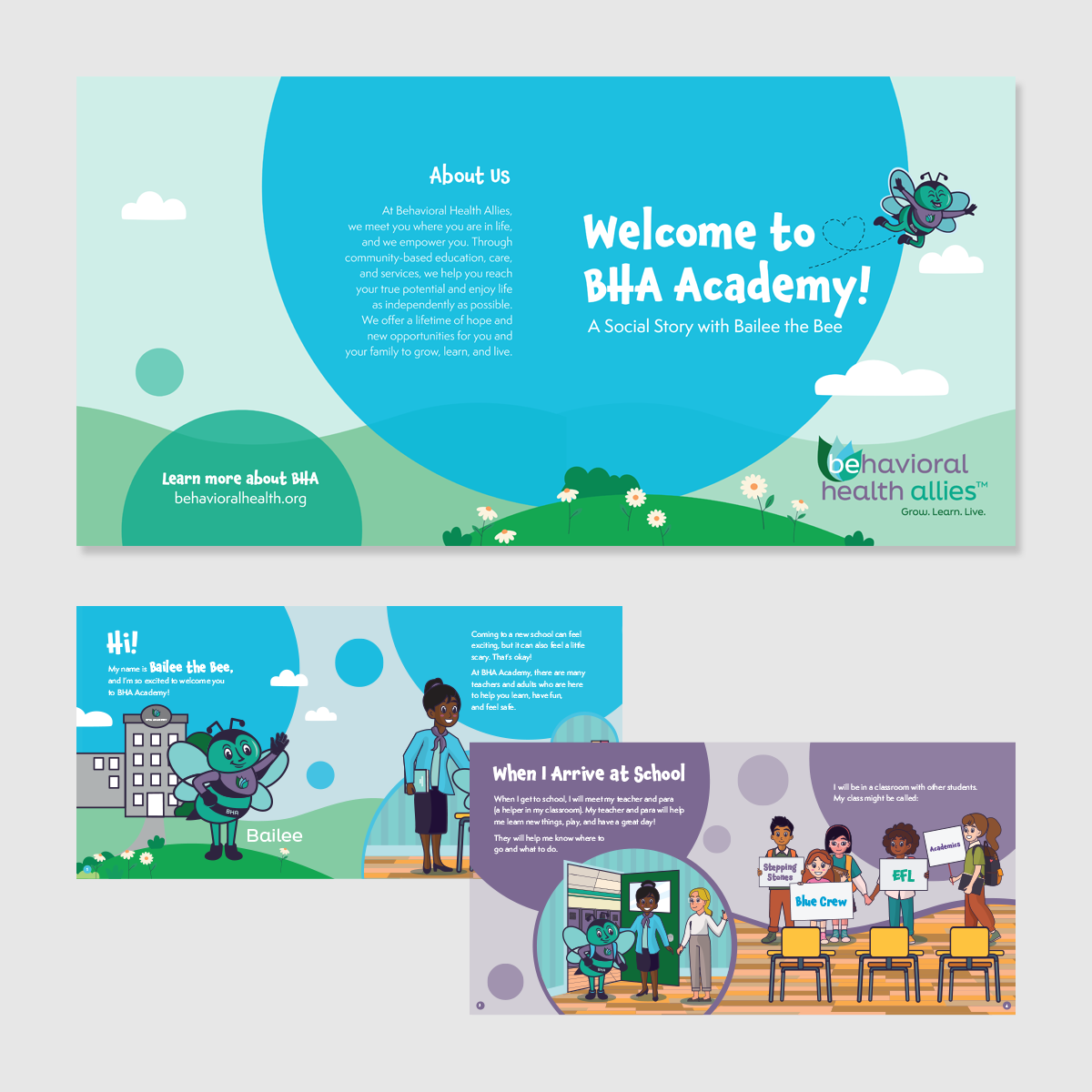 I designed and art-directed a digital children's flipbook featuring Bailee the Bee, the mascot for Behavioral Health Allies. This unique assignment involved collaborating with behavioral health experts, writers, and a junior designer.