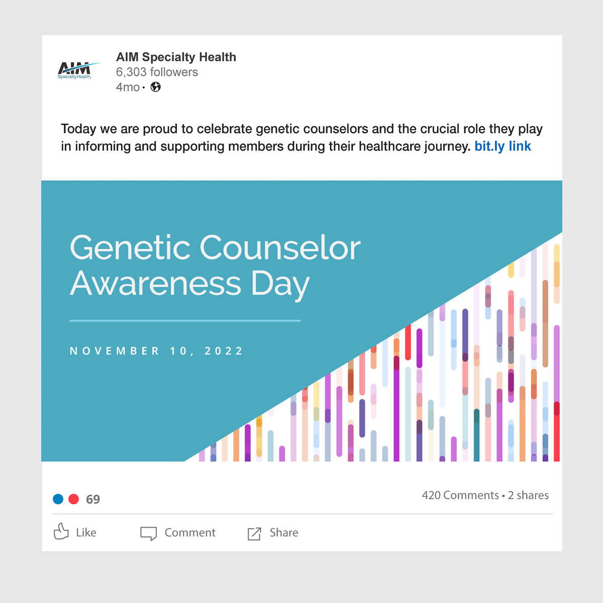 This was the LinkedIn post I designed for AIM Specialties to post on Genetic Counselor Awareness Day.