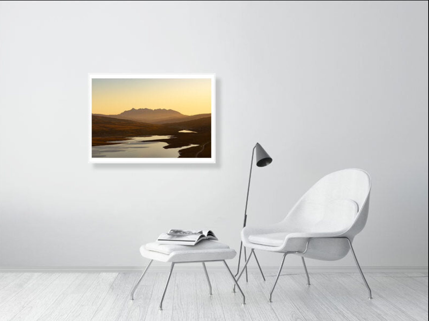 White Framed A3 Print of the Cuillin Mountains