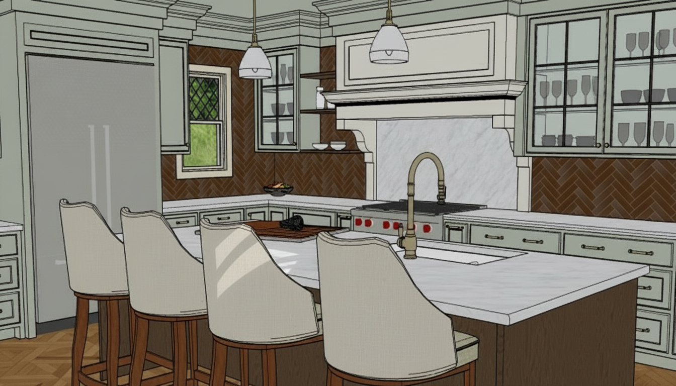 LIGHT MARBLED COUNTERTOPS AND CUSTOM HOOD