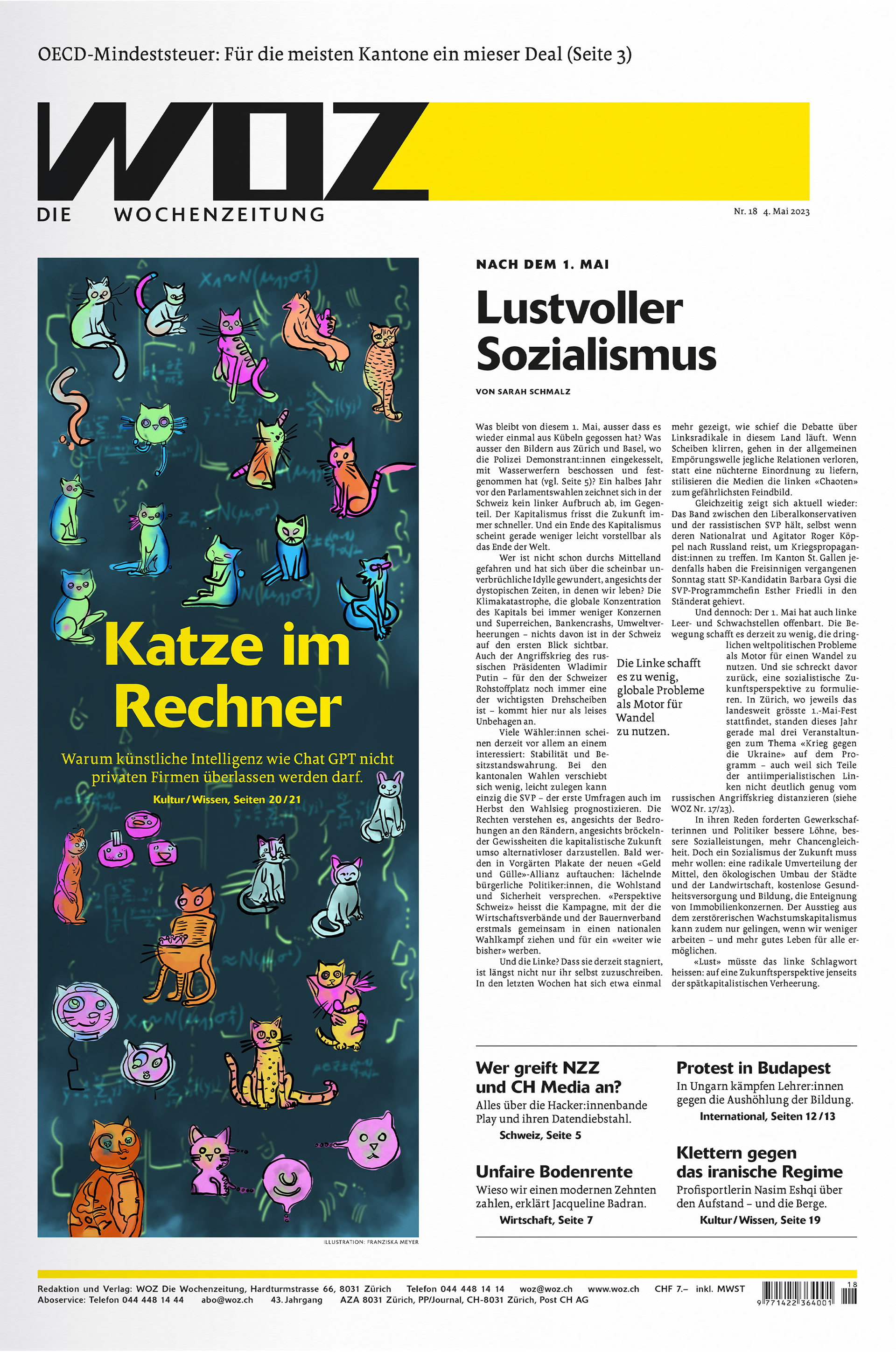 Titelseite WOZ 1823, Titel: Katze im Rechner, Text daneben: Lustvoller Sozialismus