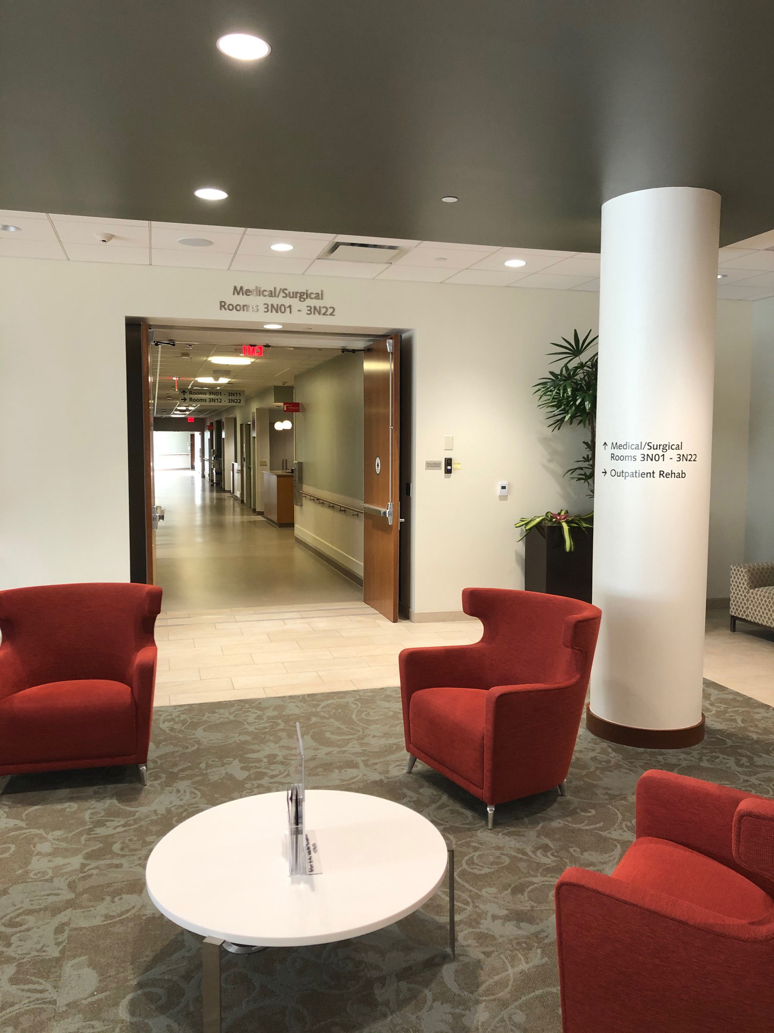 Interior Wayfinding Text • Bulkhead Letters (dimensional, metallic) plus vinyl text on column • WakeMed North Hospital • Raleigh, NC