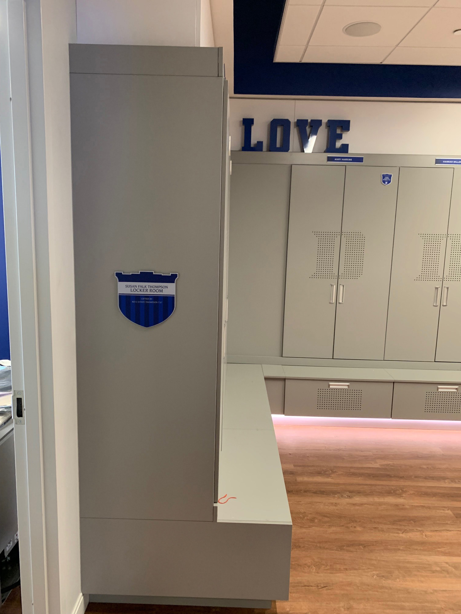 Duke Field Hockey • Players' Locker Room • Susan Falk Thompson Donor Plaque, Acrylic Locker Letters, Player Name Plates and Donor Shields