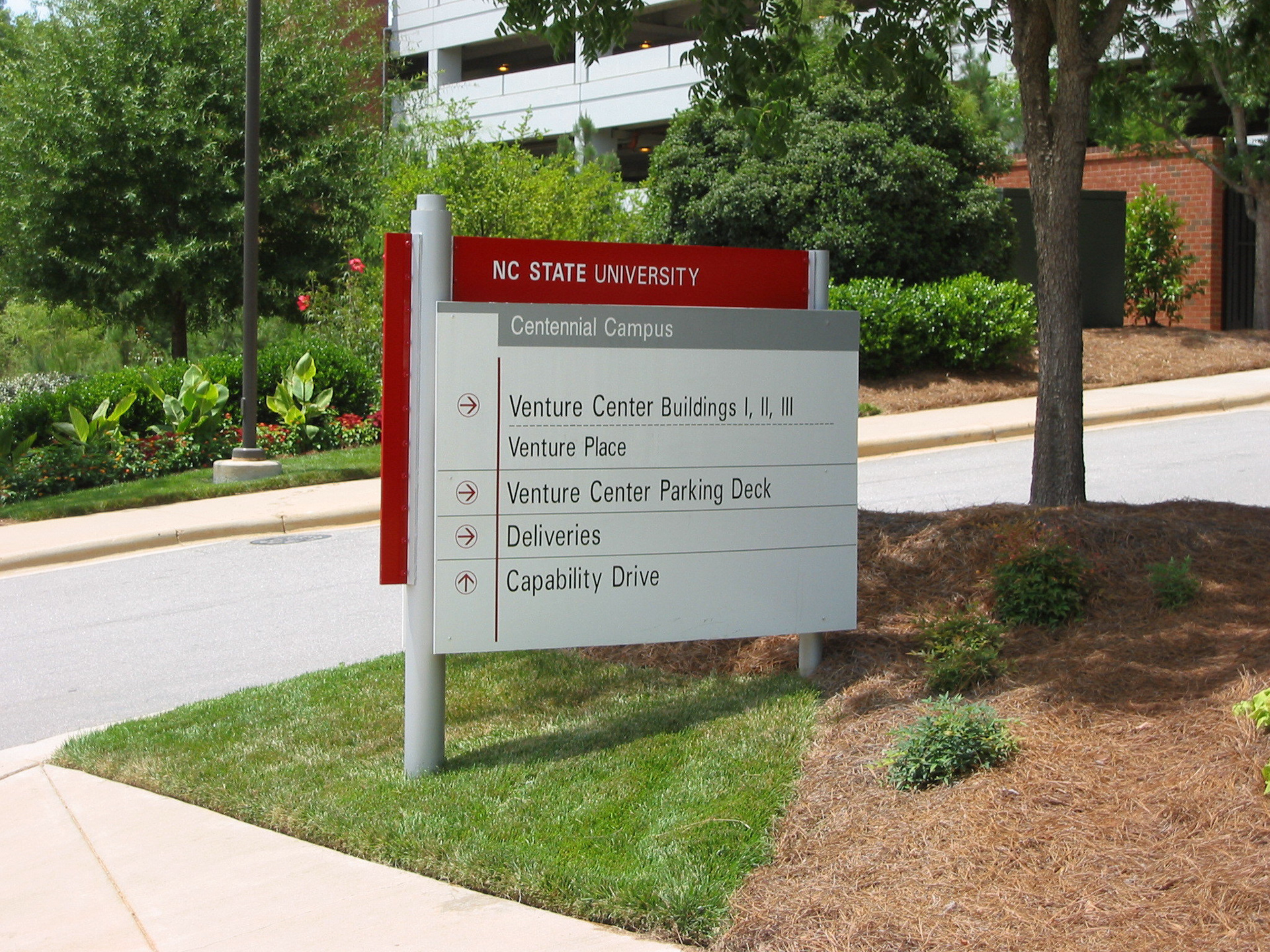 Exterior Vehicular Wayfinding Directional (Fabricated Aluminum Post & Panel) • CDP Venture Center • NC State University • Raleigh, NC