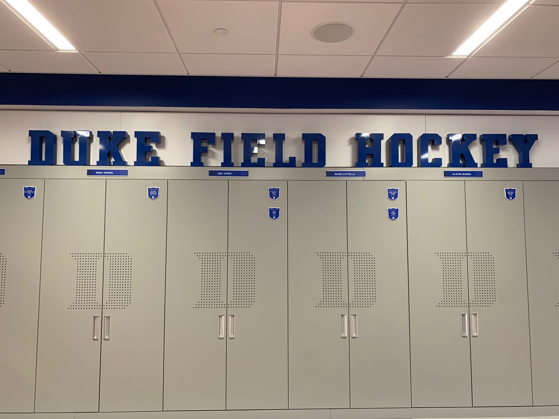 Duke Field Hockey • Players' Locker Room • Acrylic Locker Letters, Player Name Plates and Donor Shields