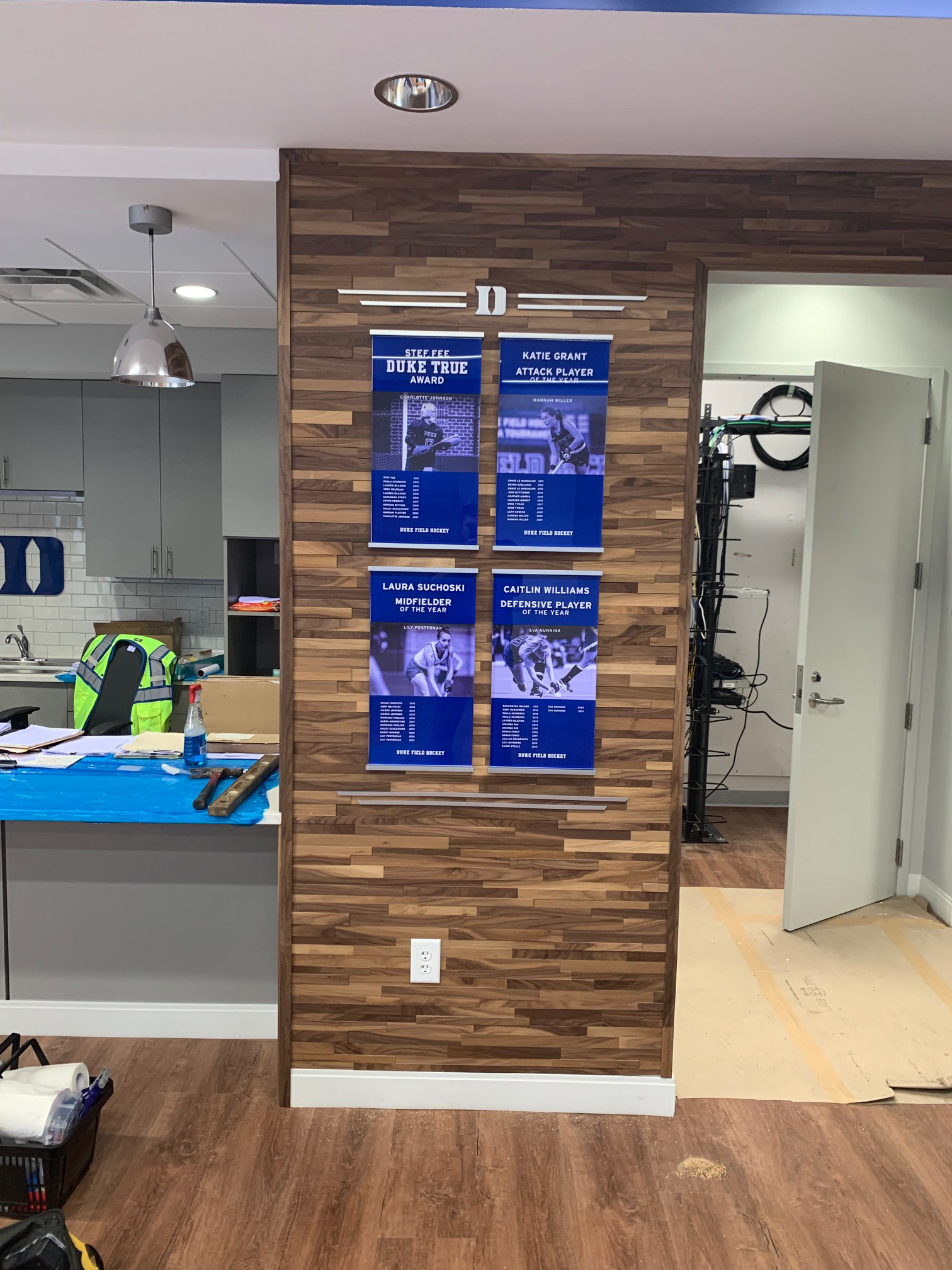 Duke Field Hockey • Player Awards (brushed aluminum dimensional "D" icon and top/bottom bars, digital print 2nd surface plus photo insert, and matte white vinyl copy 1st surface) 