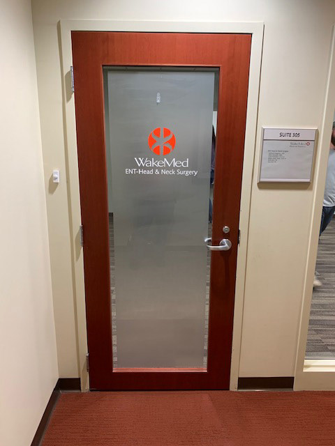Suite Entrance Privacy Film (3M Dusted w/ 1" reveal), Vinyl Logo and Insert-Style Suite Sign • WakeMed North Hospital • Raleigh, NC