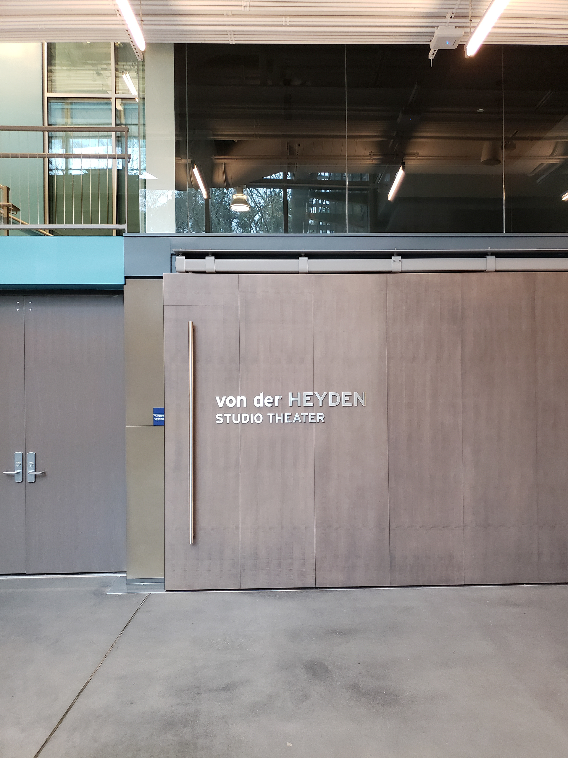 von der Heyden Studio Theater room ID text (brushed aluminum letters) • Rubenstein Arts Center @ Duke University • Durham, NC