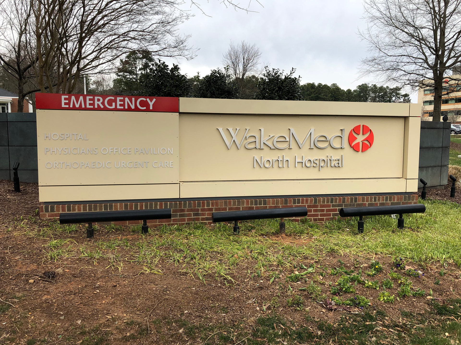 Aluminum monument with stainless steel graphics and external ground lighting (LED light bars) • WakeMed North Hospital • Raleigh, NC